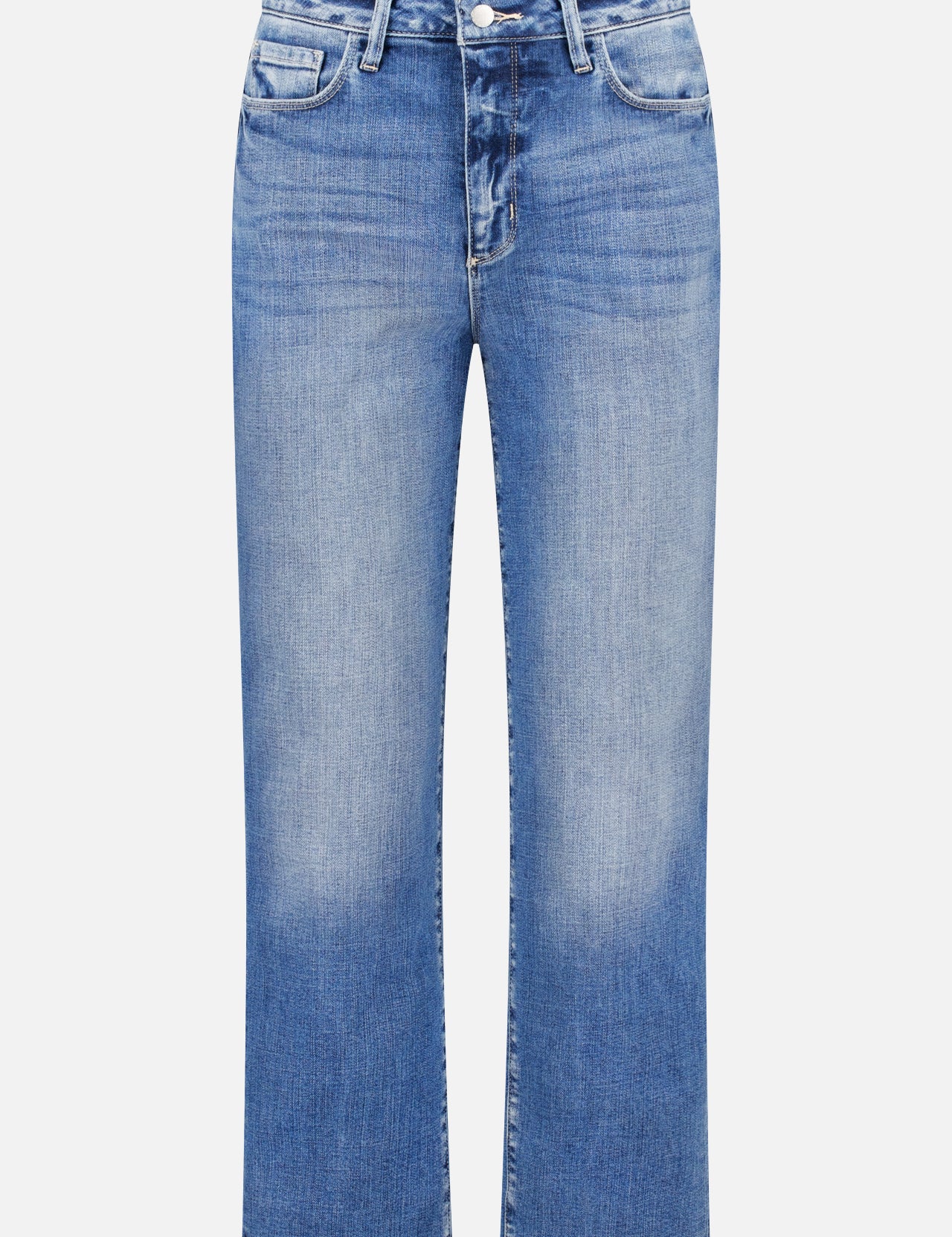 The L'AGENCE June Ultra High Rise Stovepipe Jean features a blue faded wash, straight-leg silhouette, front button and zip closure, and classic five-pocket styling, shown against a white background.