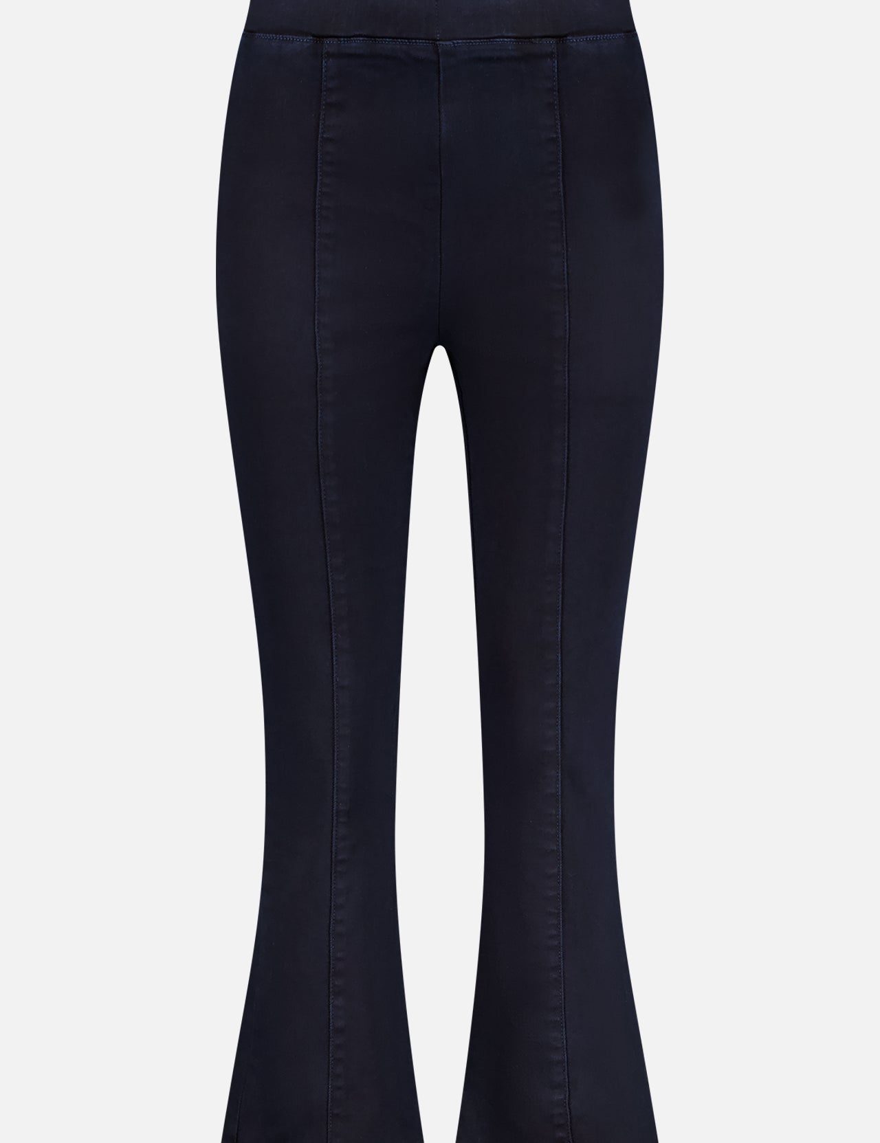 The L'AGENCE Kayden Ultra High Rise Pullon Kick Flare Jean in dark navy features visible vertical front seams and is shown against a plain white background.