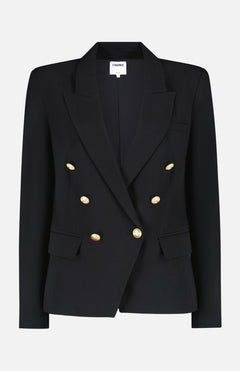 The Kenzie Double Breasted Blazer by L'AGENCE features a black tailored fit, gold dome buttons, notched lapels, two front flap pockets, and a chest pocket, shown against a plain white background.