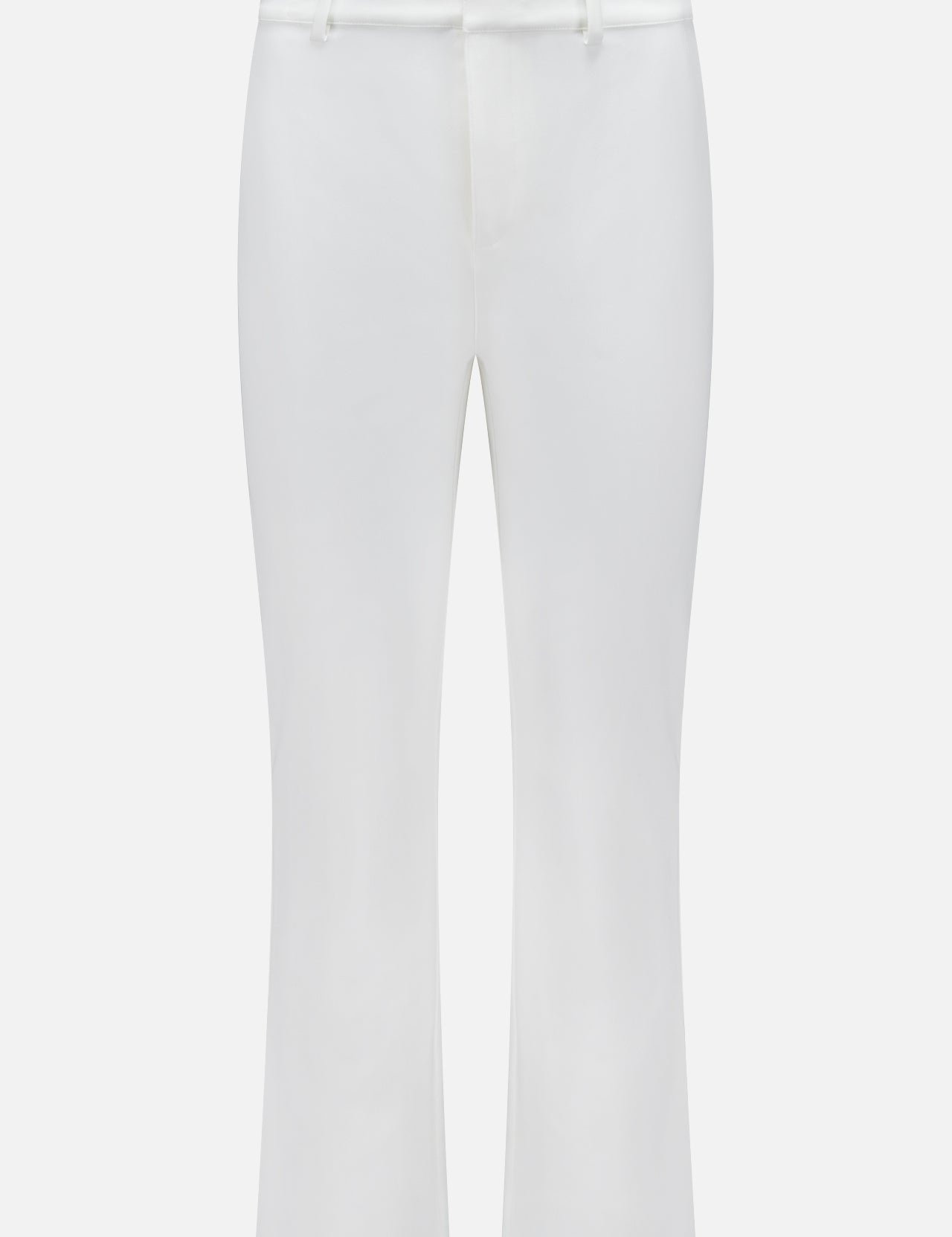 The L'AGENCE Ketra Bootcut Trouser features a white, mid-rise cut with stretch suiting, belt loops, concealed front fastening, and a minimalist design, shown against a plain white background.