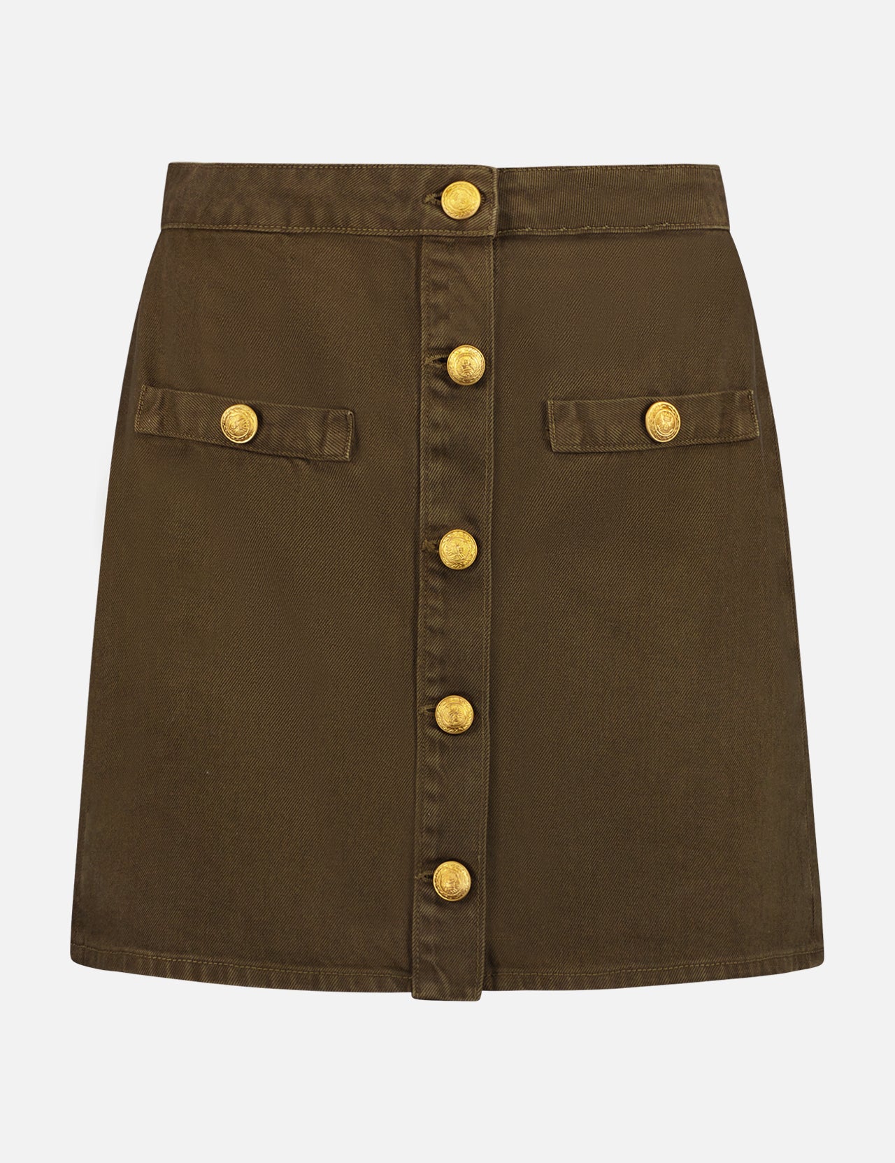 The Kris Button Front Mini Skirt by L'AGENCE is a brown cotton denim mini with a structured waistband, button-front closure, and two decorative flap pockets, each featuring gold-toned buttons for a polished look.