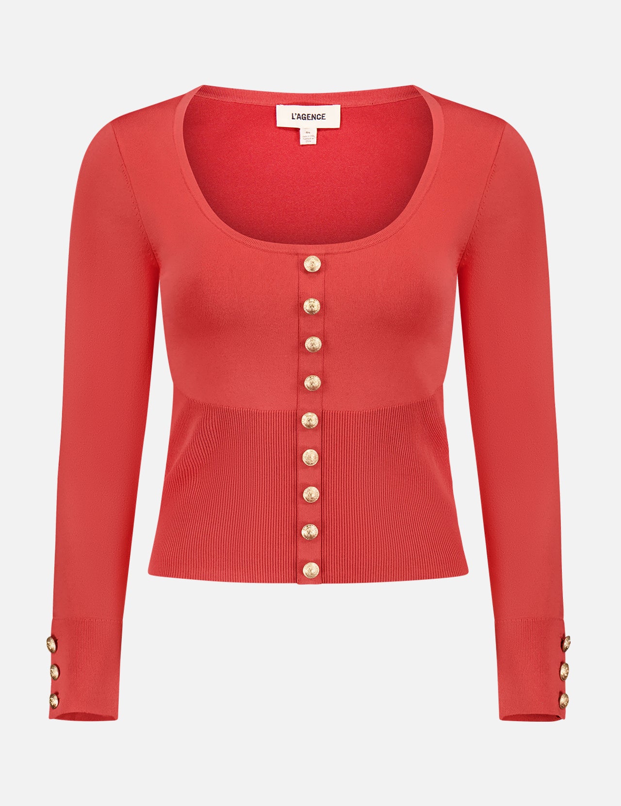 The Lanetta Topigan by L'AGENCE is a fitted, long-sleeve red scoop neck top with decorative gold buttons on the front and cuffs. This ribbed-waist cardigan offers timeless style and elegance, shown against a plain white background.