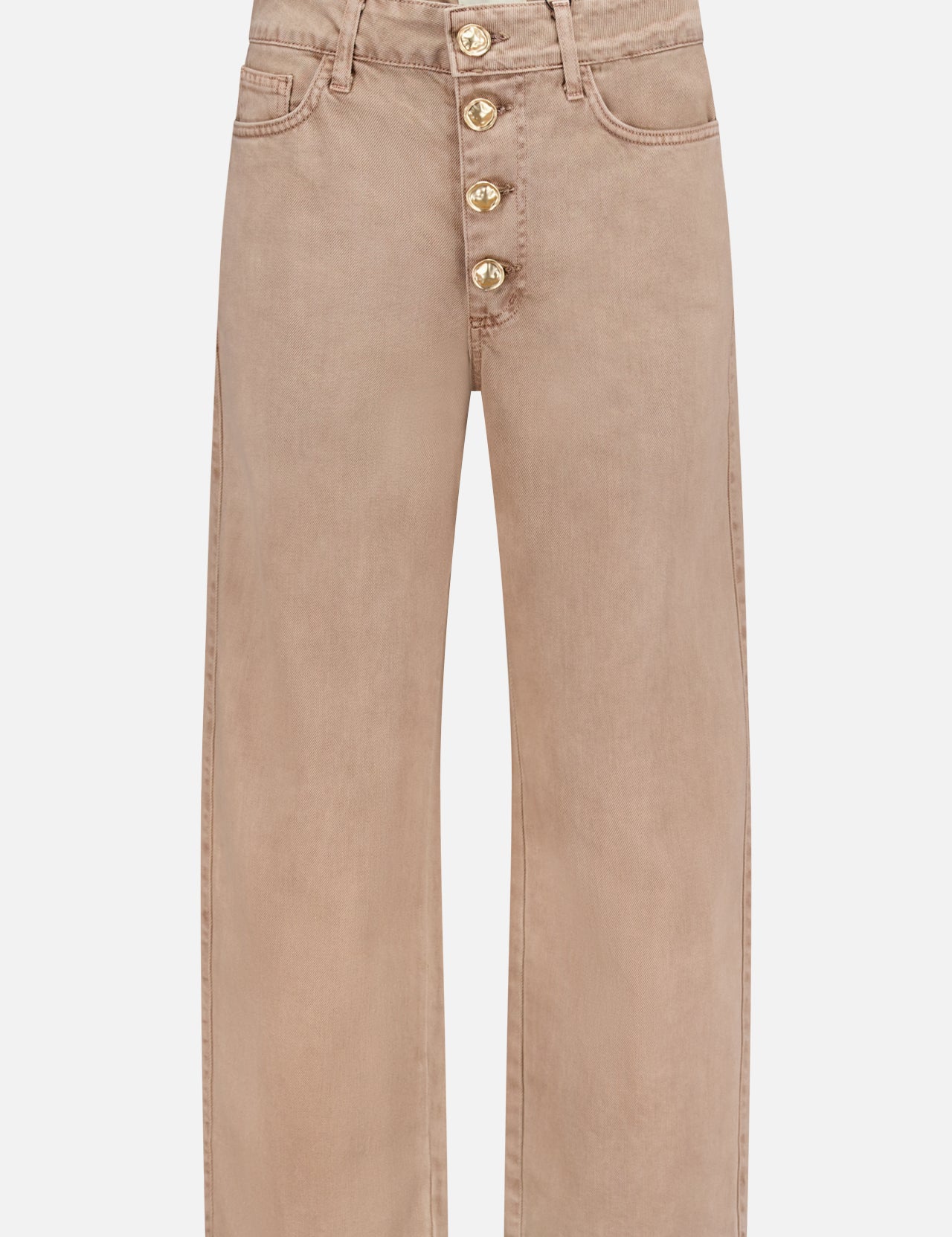 The L’AGENCE Liora High Rise Stovepipe Pant features a beige wash, wide-leg silhouette, four gold buttons down the front, two front pockets, visible stitching accents, and a brand label on the waistband for a polished look.