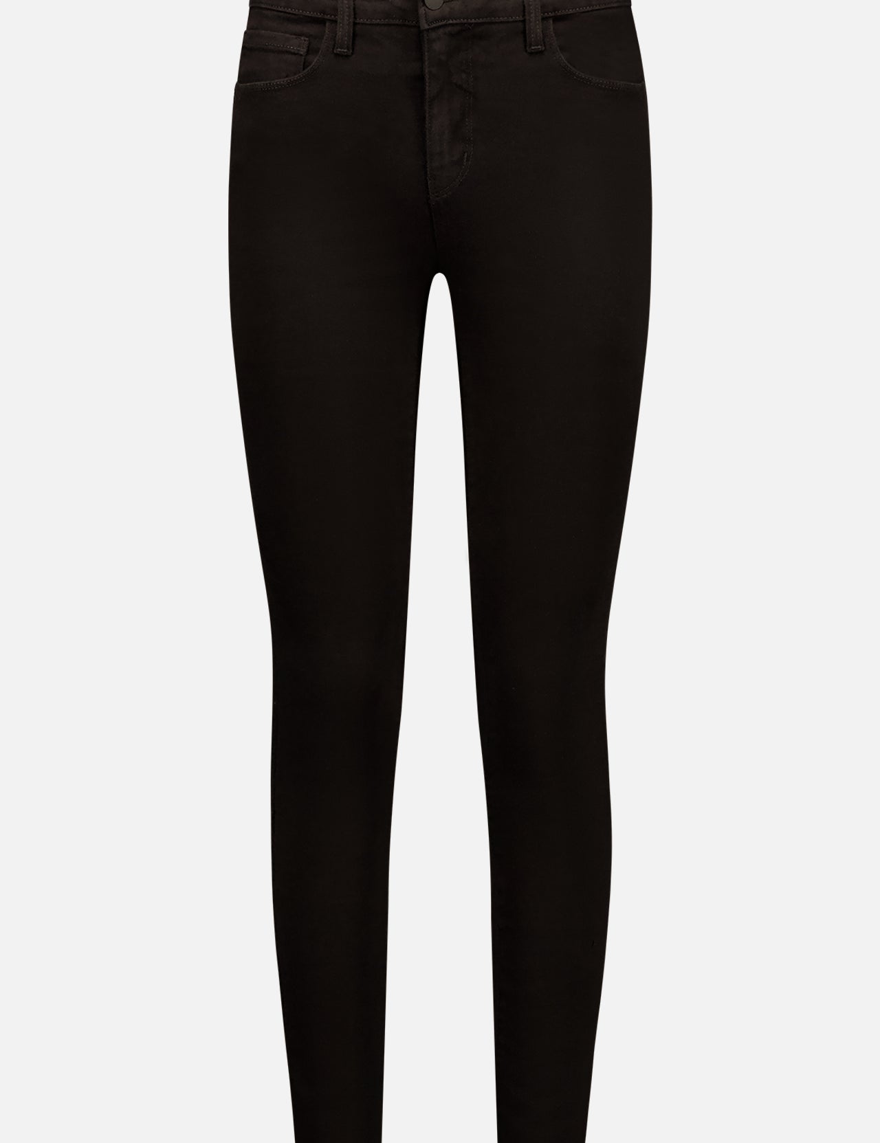 The Marguerite Skinny Noir jeans by L'AGENCE feature black denim, a classic five-pocket design, belt loops, and a button-zip closure, shown against a plain white background.