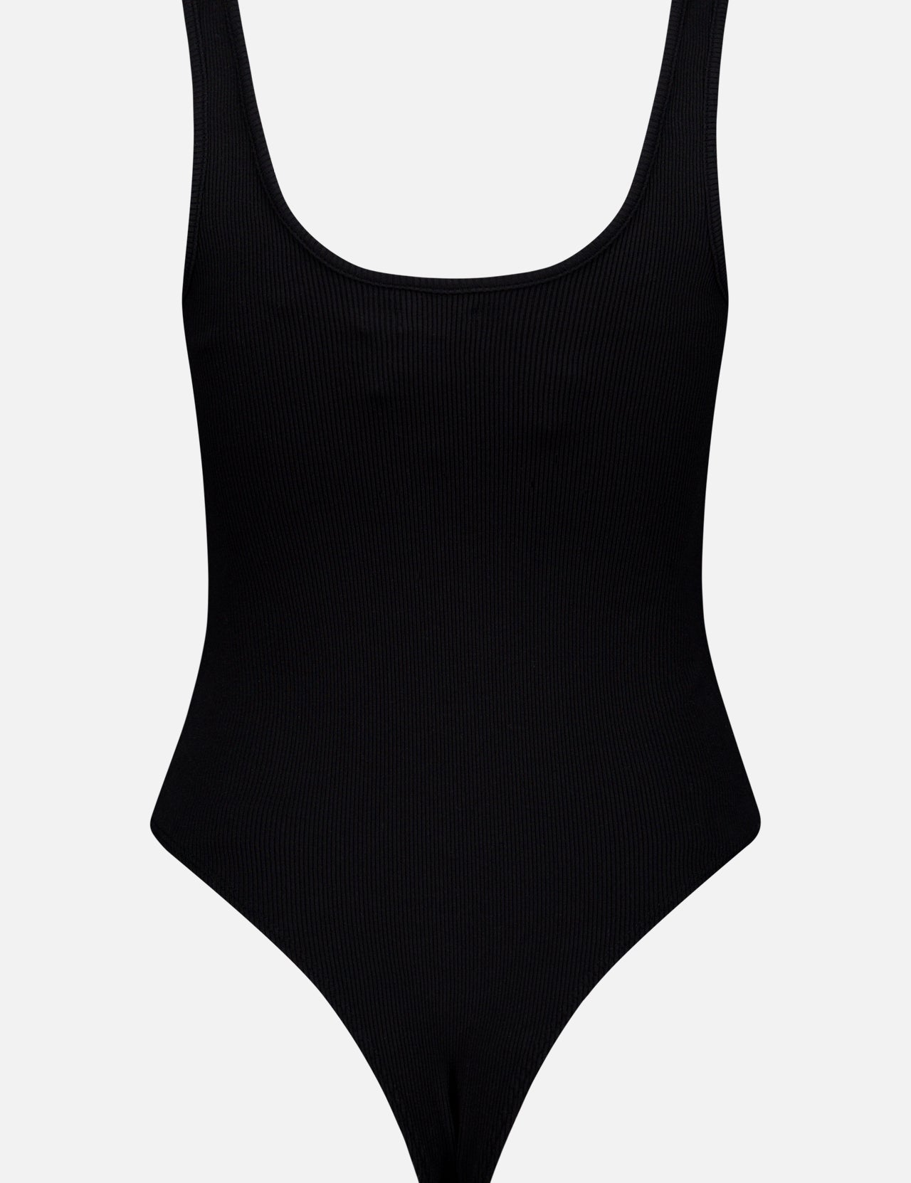 The L'AGENCE Nica Scoopneck Bodysuit is a black ribbed knit, sleeveless design featuring a scoop neckline and high-cut leg openings, shown on a plain white background.