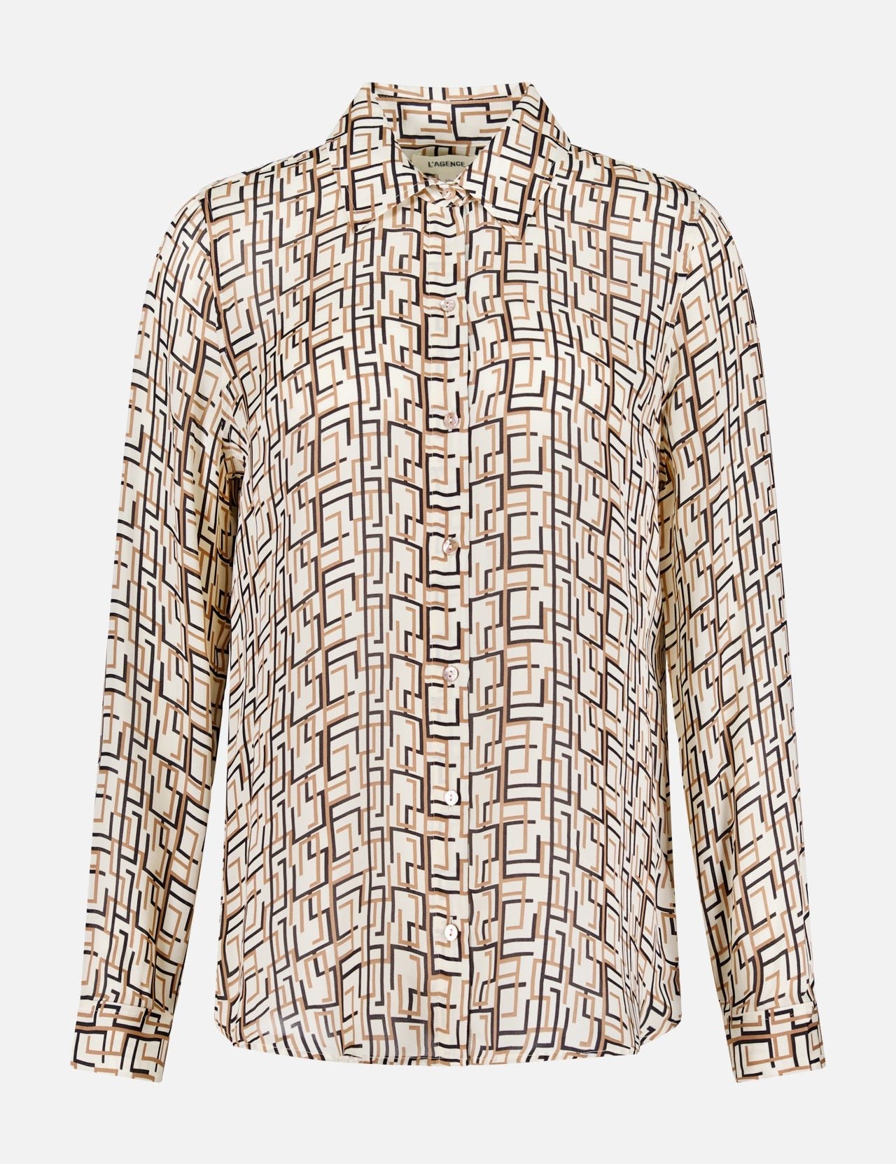 The Nina Long Sleeve Retro Print Blouse by L'AGENCE features a geometric square and line pattern in beige, black, and white, shown on a plain white background.