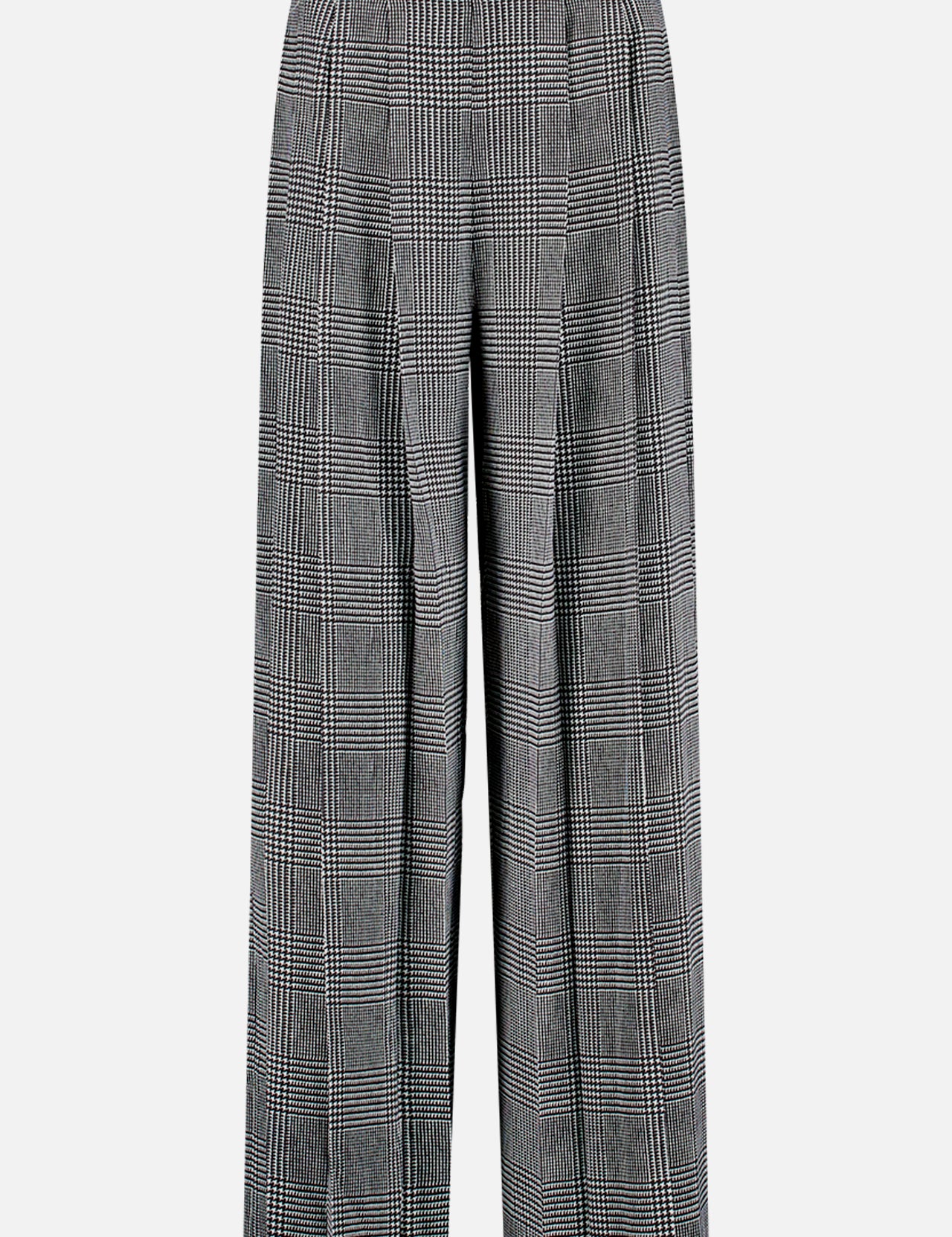 The Nova Pleated Pant by L'AGENCE features a black, white, and grey plaid design with a high waist and loose legs. Made from lightweight woven fabric, these stylish wide leg pants offer comfort for any occasion.