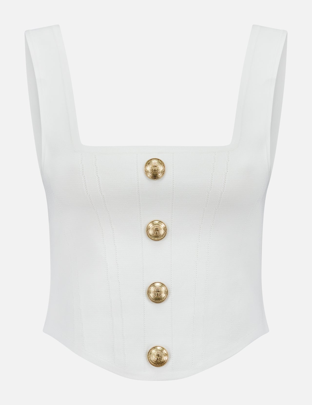 The Saga Knit Button Top by L'AGENCE is a white power knit corset top with a square neck, sleeveless design, and five large round gold embossed buttons down the structured front.