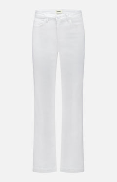 The Scottie High Rise Wide Leg Jean by L'AGENCE is a pair of white denim jeans with front and back pockets, belt loops, and a button-zip closure, shown on a plain white background.