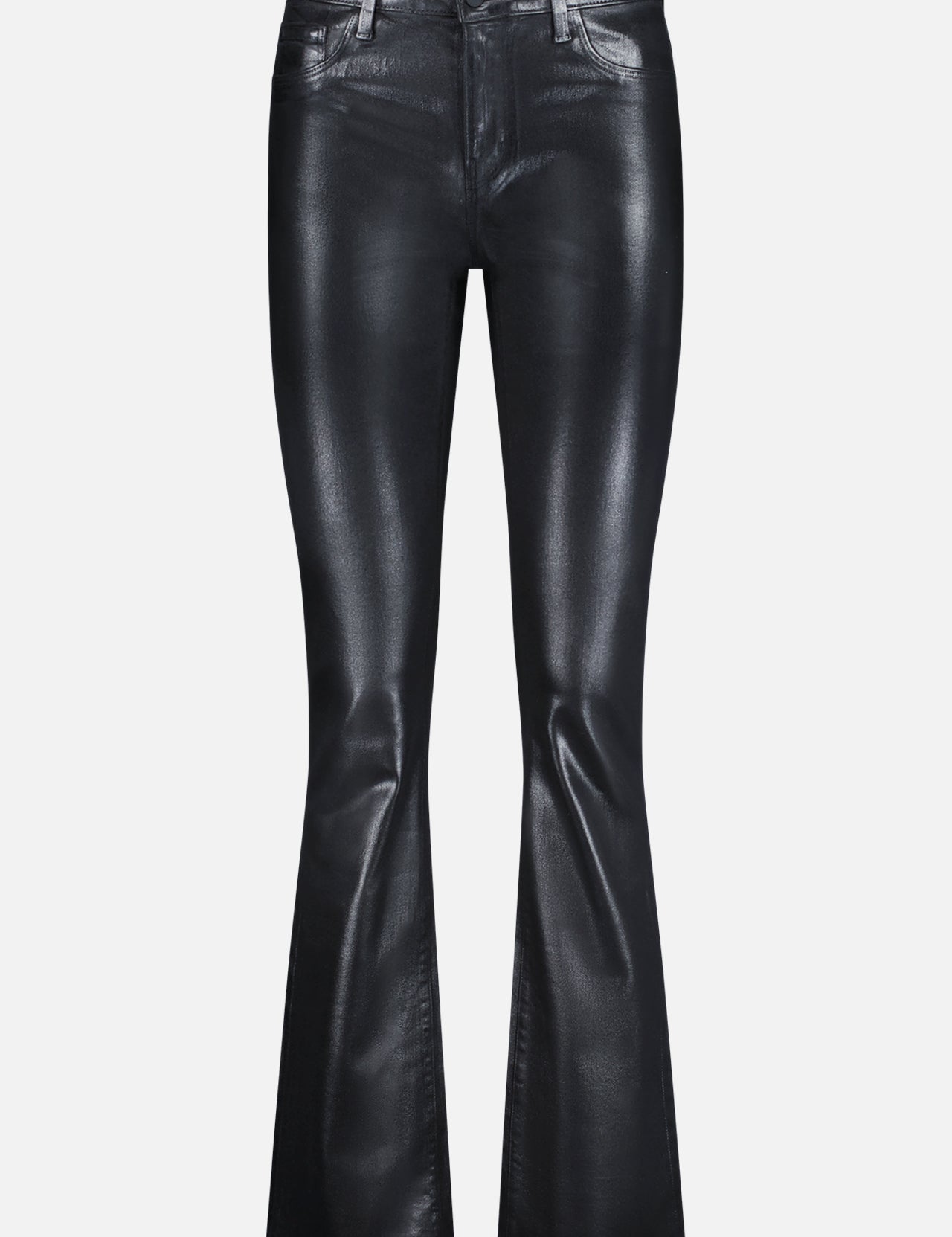 The L'AGENCE Selma High Rise Sleek Baby Boot jeans feature black faux leather, a shiny finish, bootcut hem, front and back pockets, and button-zip closure, displayed on a plain white background.