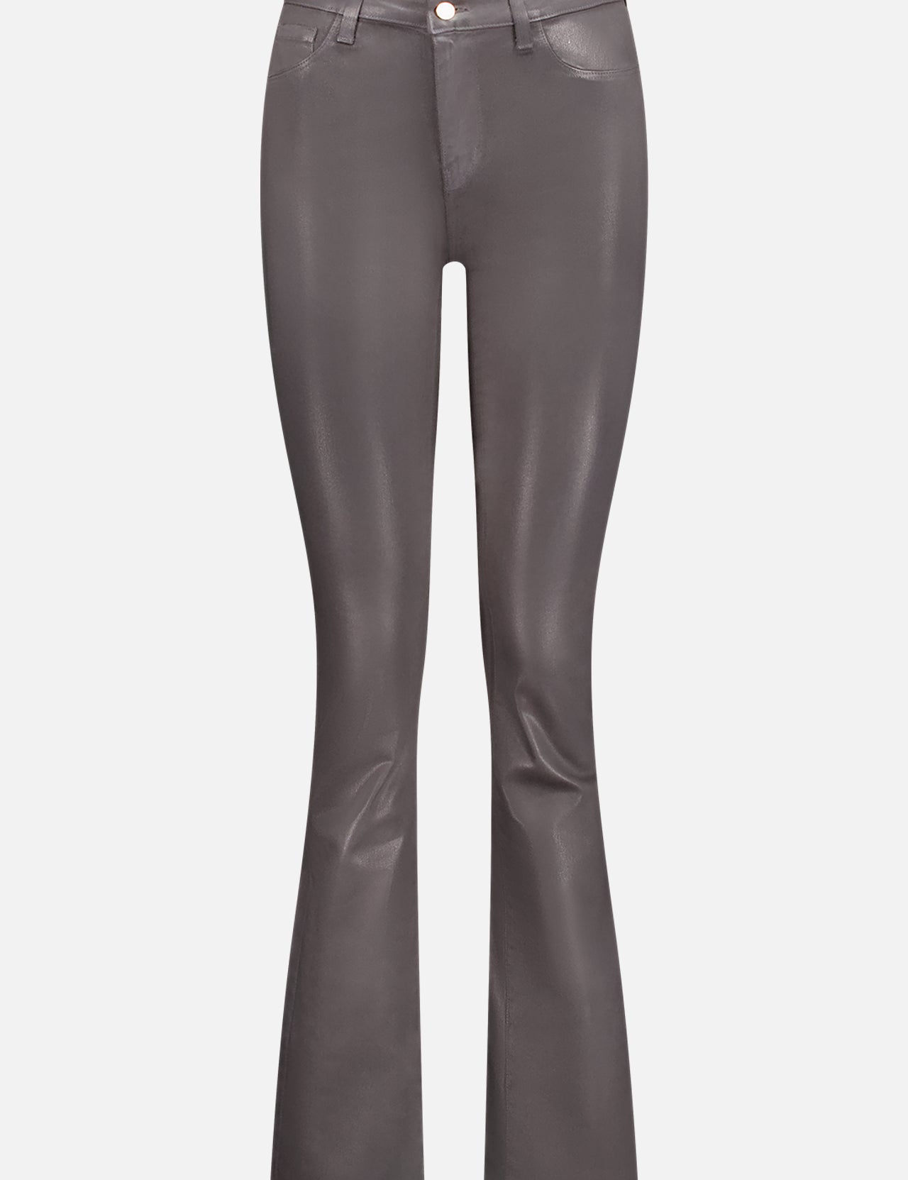 The L'AGENCE Selma High Rise Sleek Baby Boot Jean in shiny dark gray coated denim features a bootcut style, front button and zip closure, belt loops, and side and back pockets, shown on a plain white background.