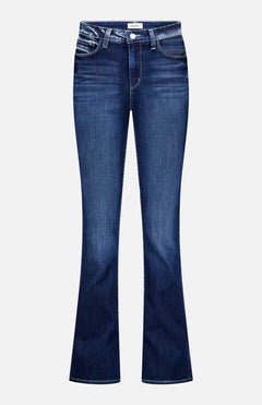 The Selma High Rise Sleek Baby Boot Jean by L'AGENCE is crafted from stretch denim in blue with a five-pocket design, mid-rise waist, and faded details on the thighs and knees, shown laid flat on a white background.