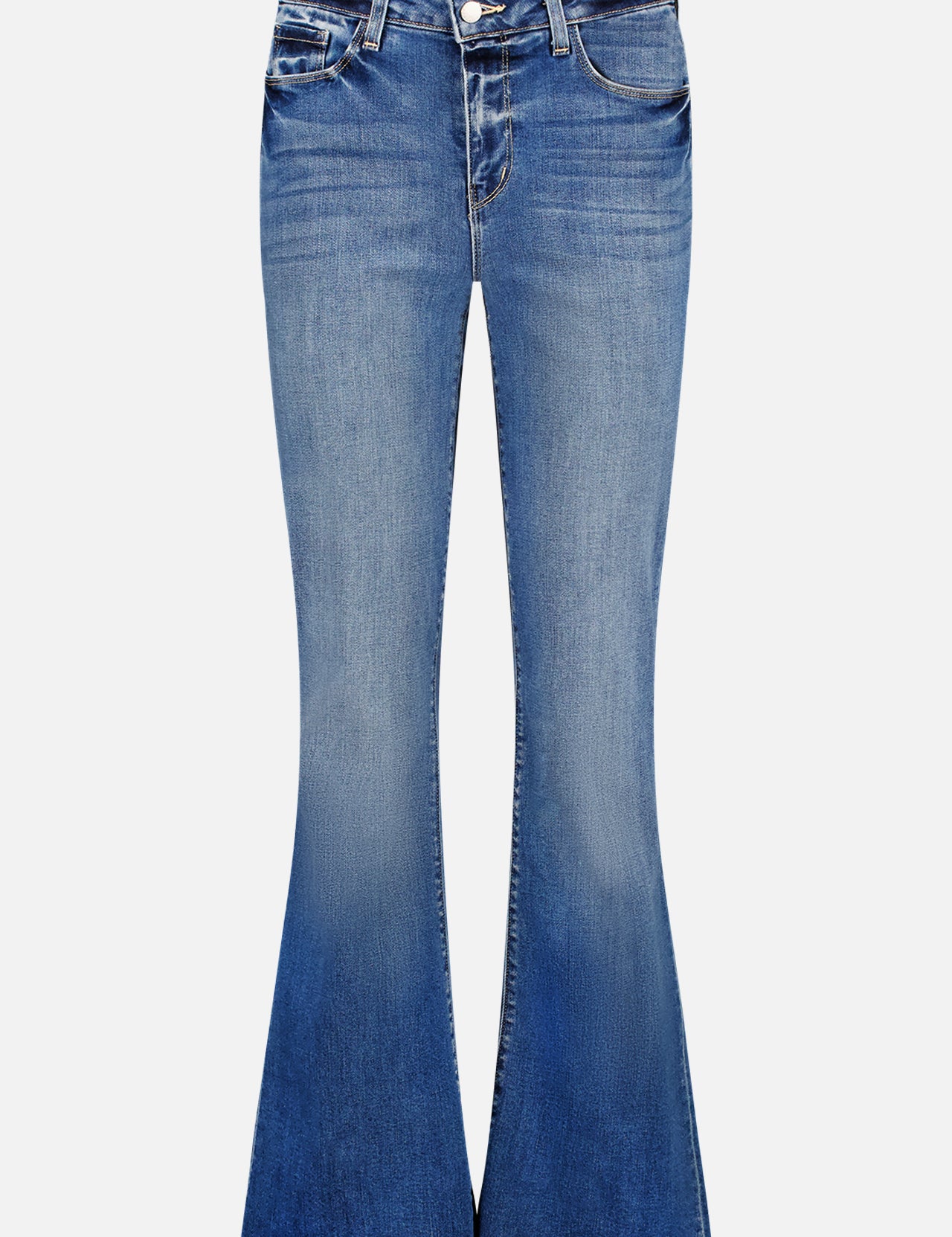 The Sera High Rise Sneaker Flare Jean by L'AGENCE features a vintage blue wash, flared legs, high-rise waist, button and zipper closure, pockets on front and back, and faded detailing at the thighs and knees.