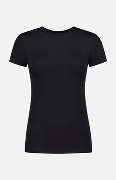 The L'AGENCE Short Sleeve Ressi Crewneck Tee in black, designed for women, is displayed on a white background and made in the USA.