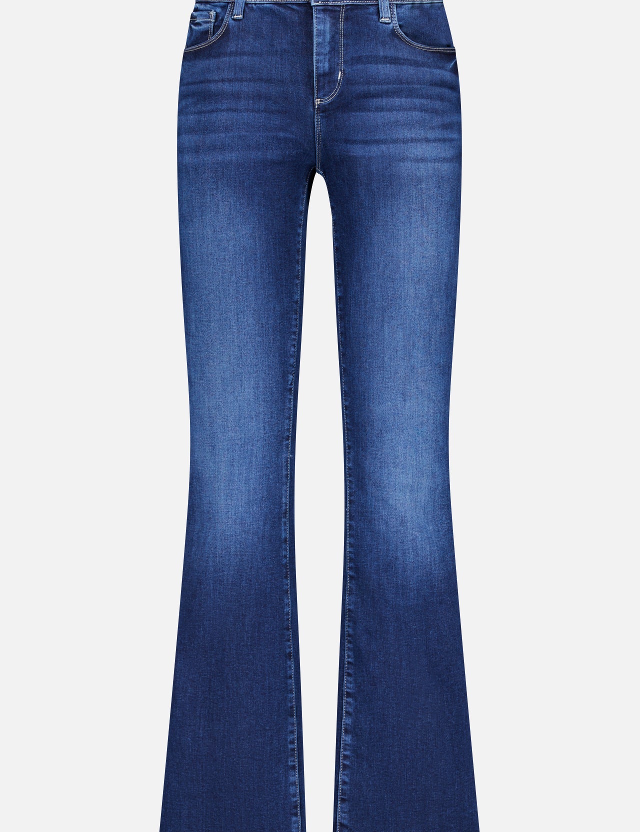 The Sneeki Low Rise Sneaker Straight Jean by L'AGENCE features dark blue denim, a straight leg, front and back pockets, button and zip closure, plus subtle fading and whiskering for a stylish finish.