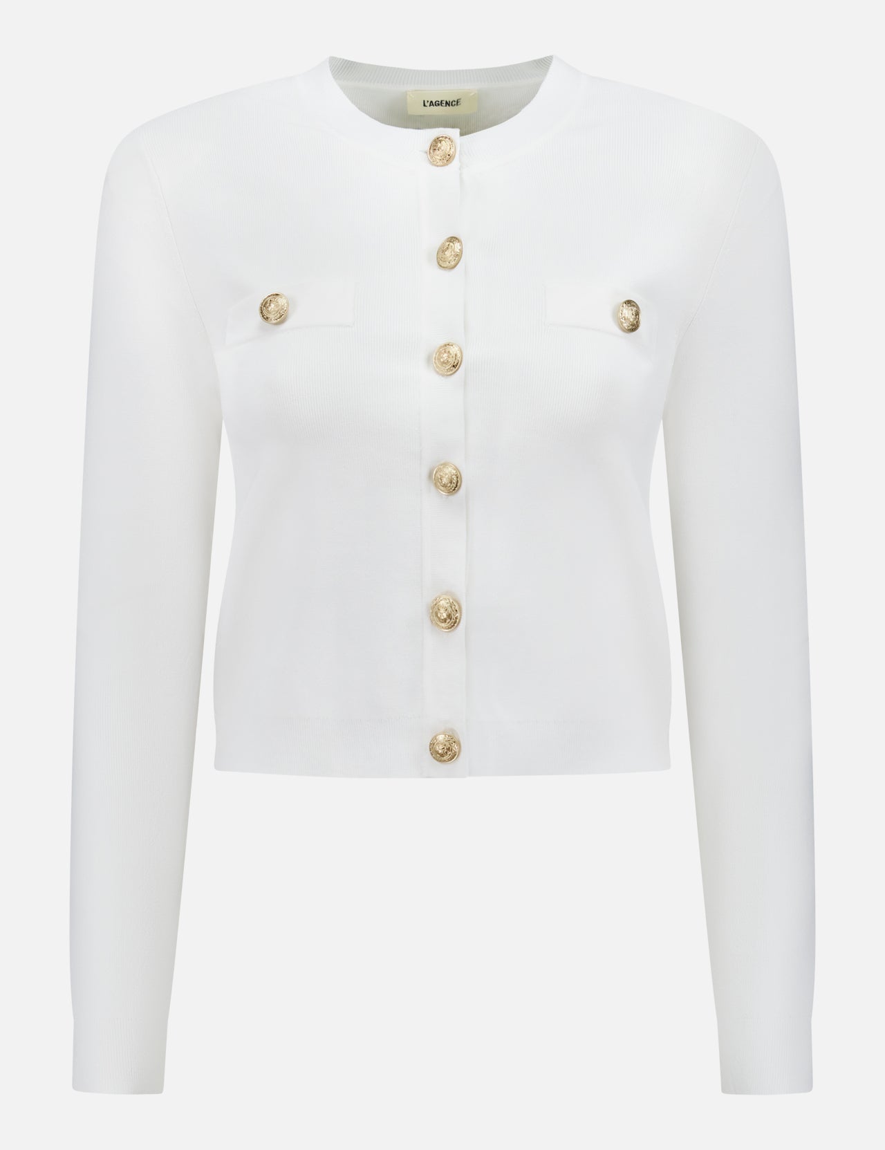 The L'AGENCE Toulouse Jacket Inspired Cardigan is an ivory knit cropped piece with long sleeves, a round neckline, gold front buttons, and two chest pockets accented by matching gold button details.