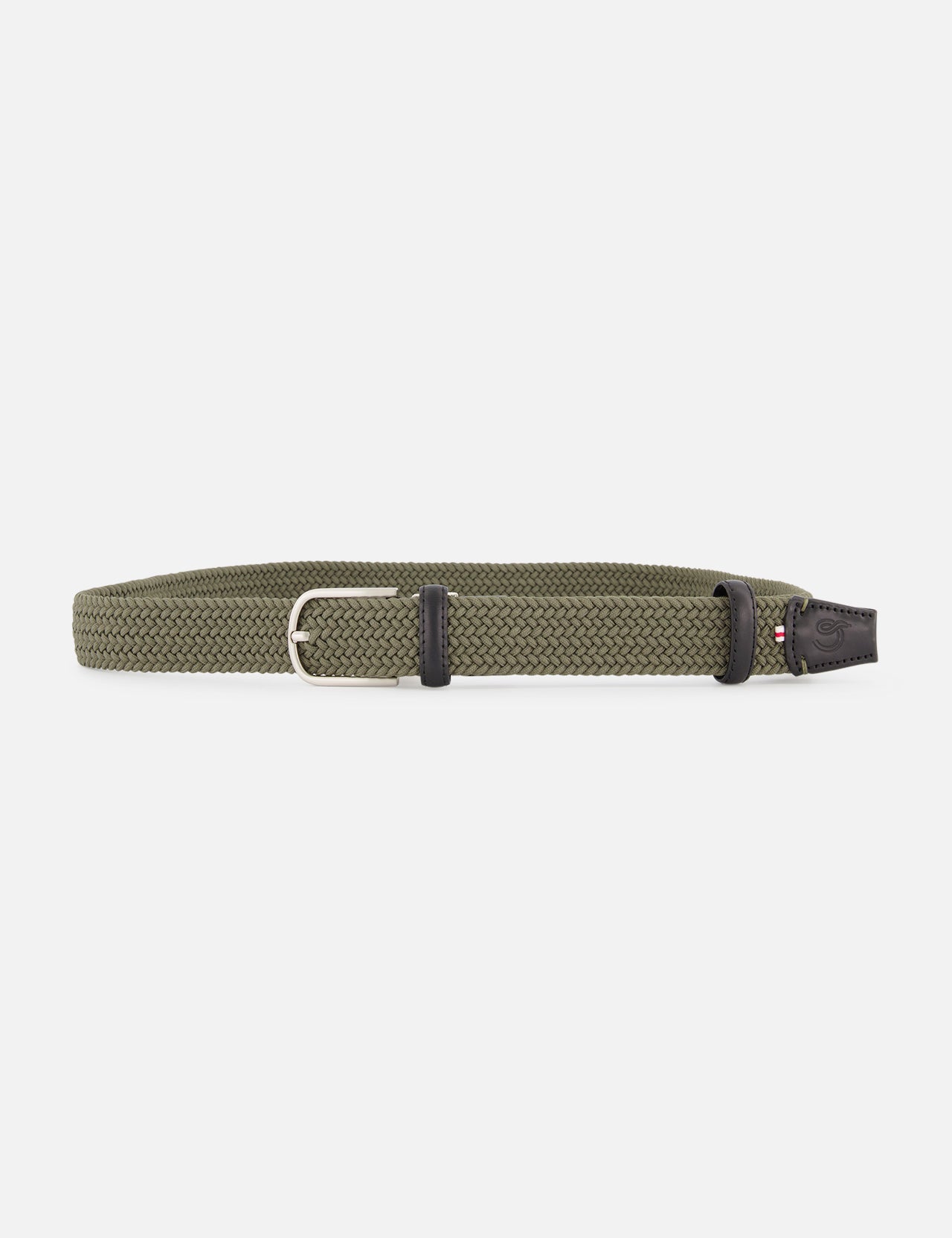The LA BOUCLE Cambridge Belt is an olive green woven stretch belt with elastic braided leather, silver rectangular buckle, and black leather ends, shown on a white background.