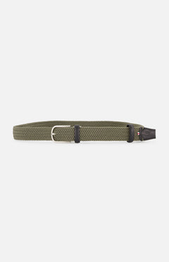 The LA BOUCLE Cambridge Belt is an olive green woven stretch belt with elastic braided leather, silver rectangular buckle, and black leather ends, shown on a white background.