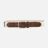 The LA BOUCLE Antibes Hybrid Smart Belt features a beige stretch design with a brown suede leather accent and silver buckle, shown on a white background. One size fits all.