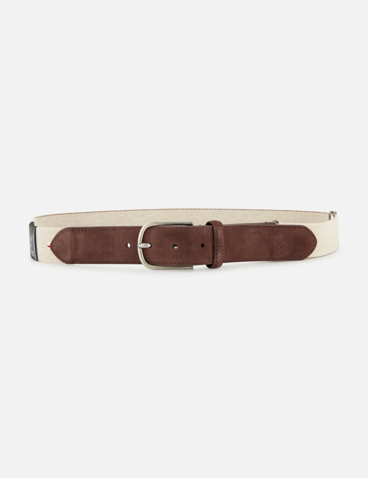 The LA BOUCLE Antibes Hybrid Smart Belt features a beige stretch design with a brown suede leather accent and silver buckle, shown on a white background. One size fits all.