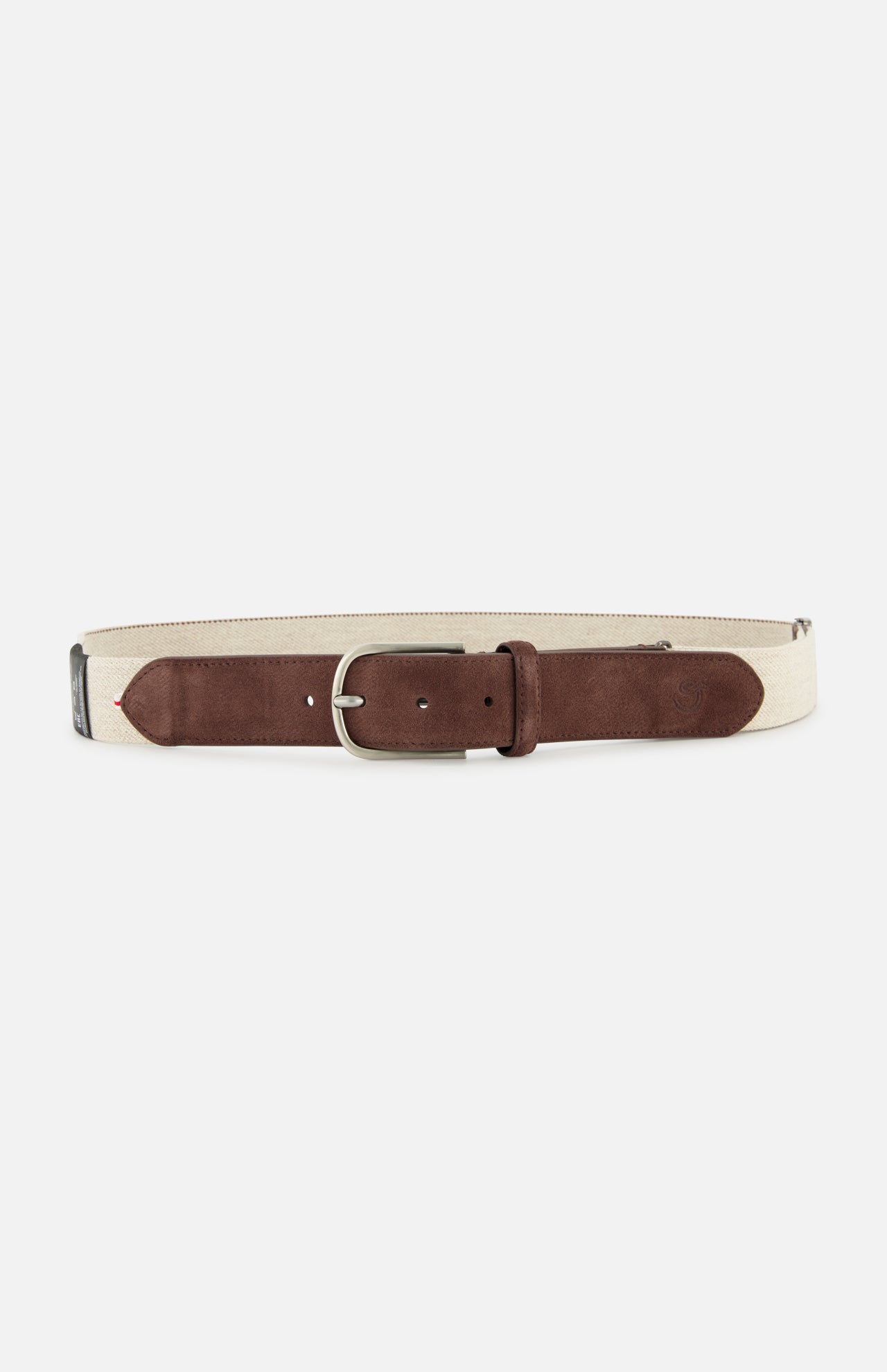 The LA BOUCLE Antibes Hybrid Smart Belt features a beige stretch design with a brown suede leather accent and silver buckle, shown on a white background. One size fits all.