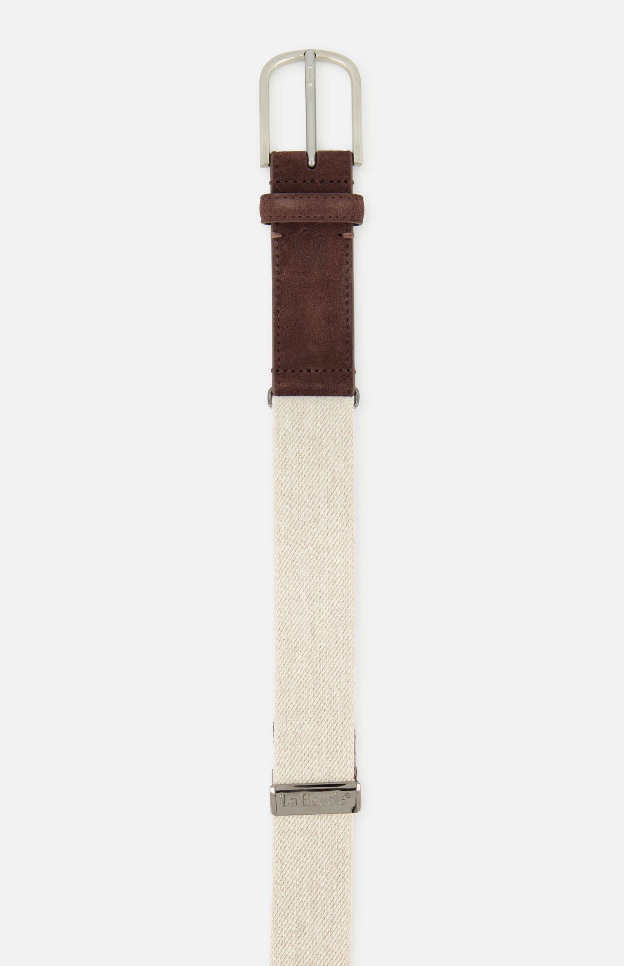 The LA BOUCLE Antibes Hybrid Smart Belt features a beige stretch strap, brown leather detail by the silver buckle, and an engraved silver keeper. Displayed vertically on a white background, it is available in a one-size-fits-all design.