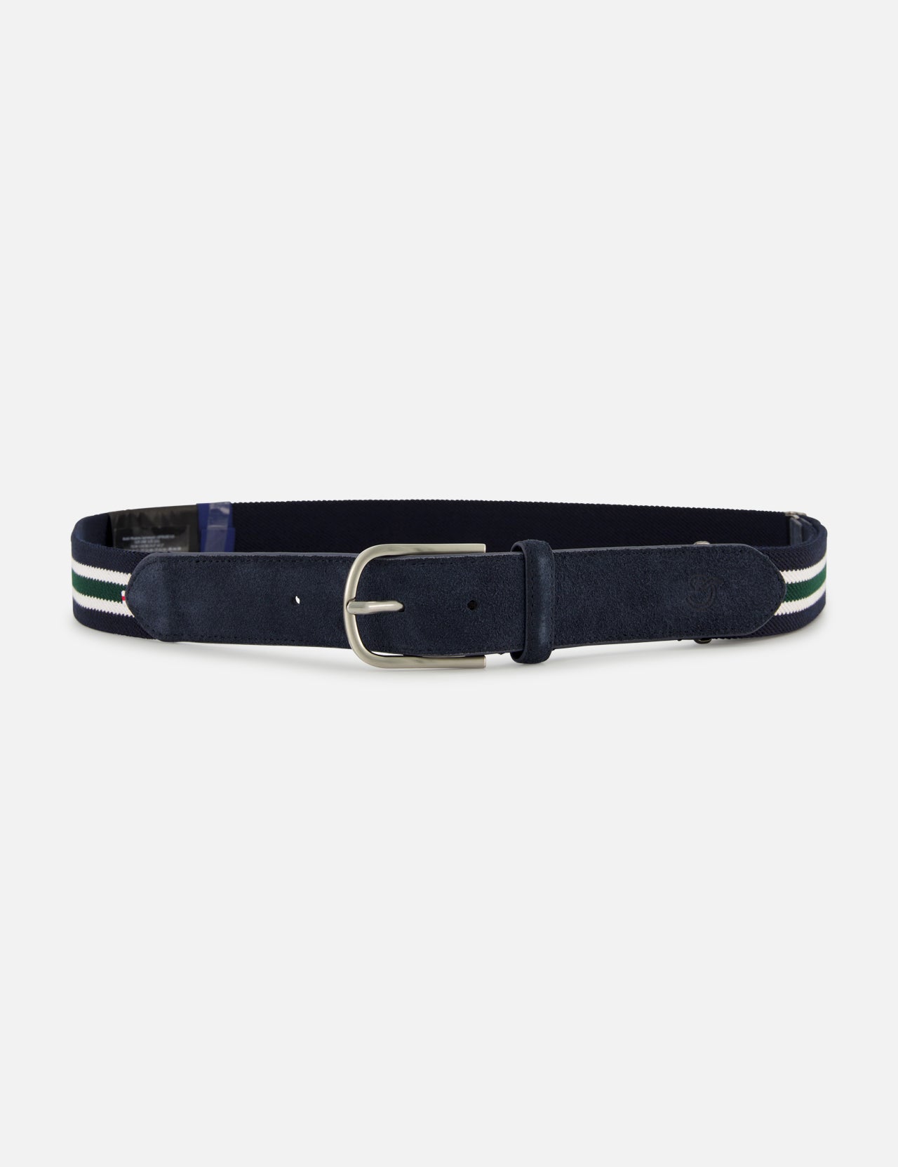 The LA BOUCLE Princeton Hybrid Smart Belt is a navy blue stretch belt with a silver buckle and green and white striped fabric accents, shown on a plain white background.
