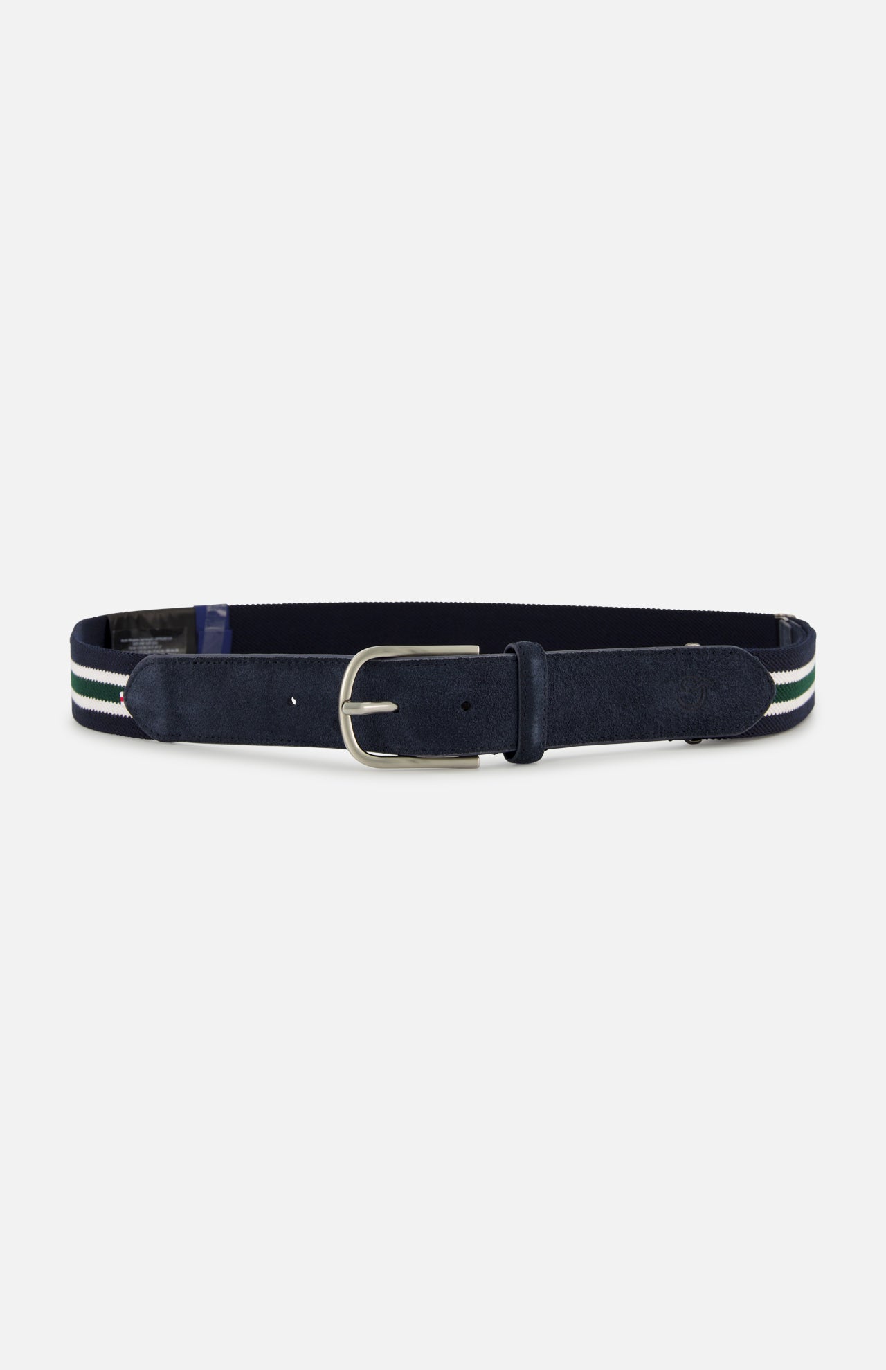 The LA BOUCLE Princeton Hybrid Smart Belt is a navy blue stretch belt with a silver buckle and green and white striped fabric accents, shown on a plain white background.
