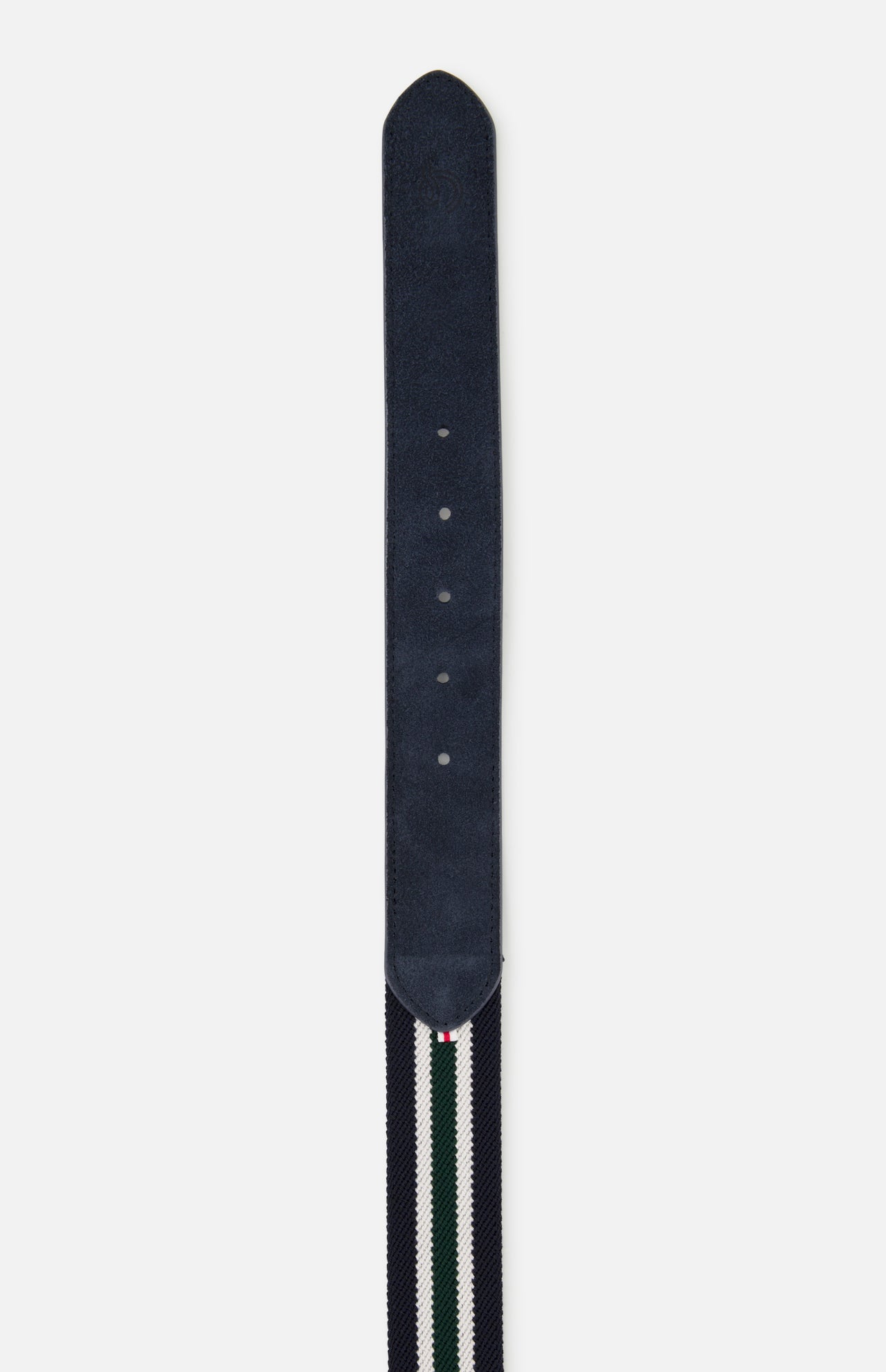 A close-up of the LA BOUCLE Princeton Hybrid Smart Belt, featuring a stretch strap with dark blue, white, and green stripes, navy suede end, and multiple adjustment holes—an ideal golf belt for comfort and style.
