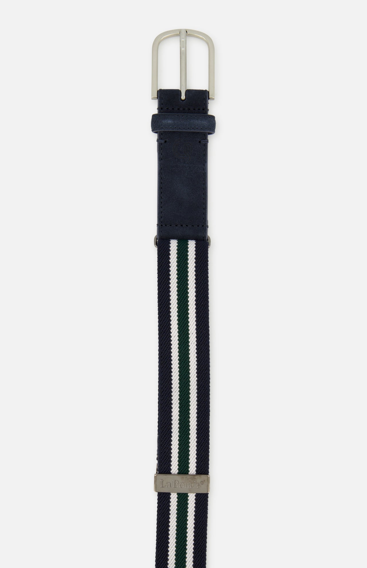 The Princeton Hybrid Smart Belt by LA BOUCLE features navy stretch material with white and green stripes, a silver buckle, and a small metal tag near the tip.