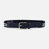 The LA BOUCLE Princeton Hybrid Smart Belt features navy blue suede, a silver buckle, and white and green striped edges, shown on a plain white background.