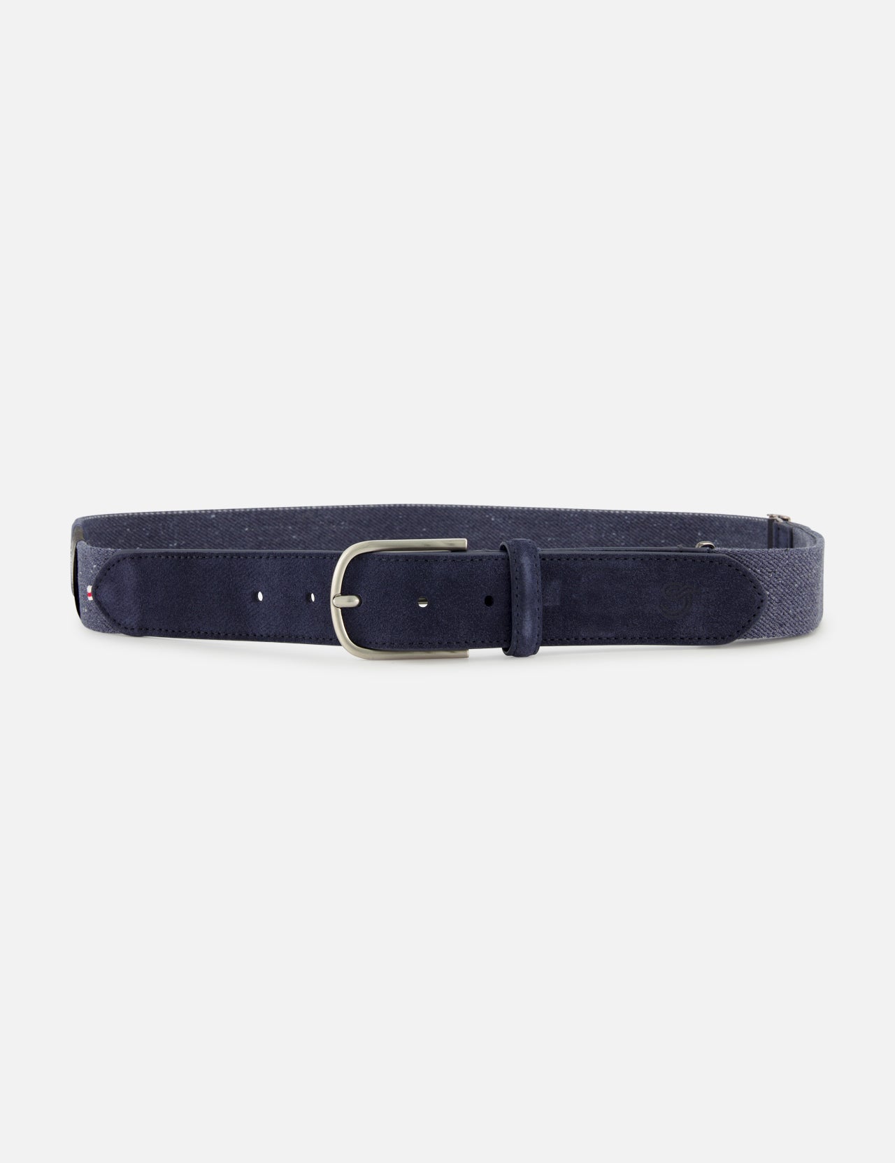 The Palm Beach Hybrid Smart Belt by LA BOUCLE features navy blue suede, a silver rectangular buckle, multiple adjustment holes, and a matching loop. Its one-size-fits-all design is showcased on a plain white background.