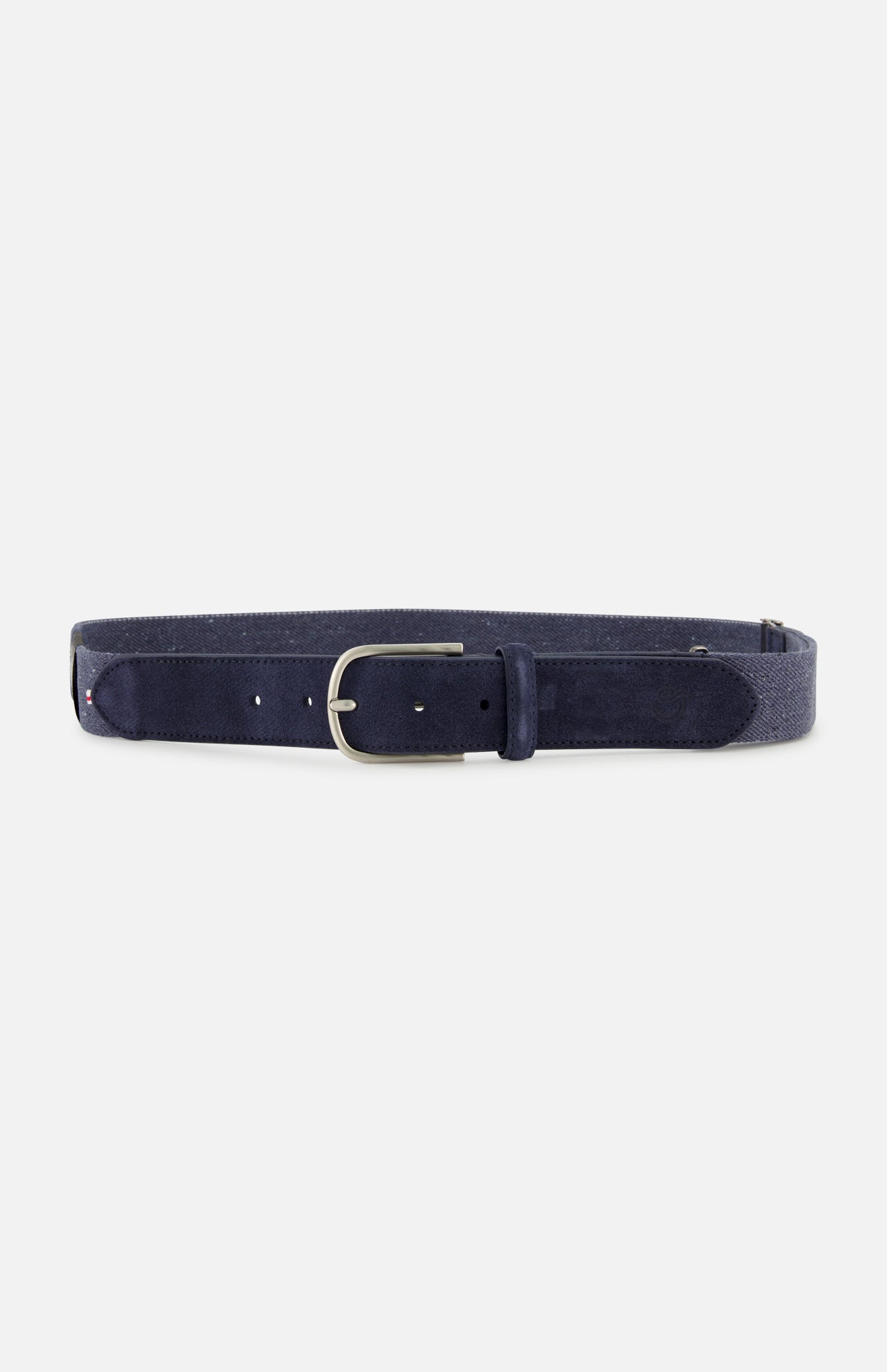 The Palm Beach Hybrid Smart Belt by LA BOUCLE features navy blue suede, a silver rectangular buckle, multiple adjustment holes, and a matching loop. Its one-size-fits-all design is showcased on a plain white background.