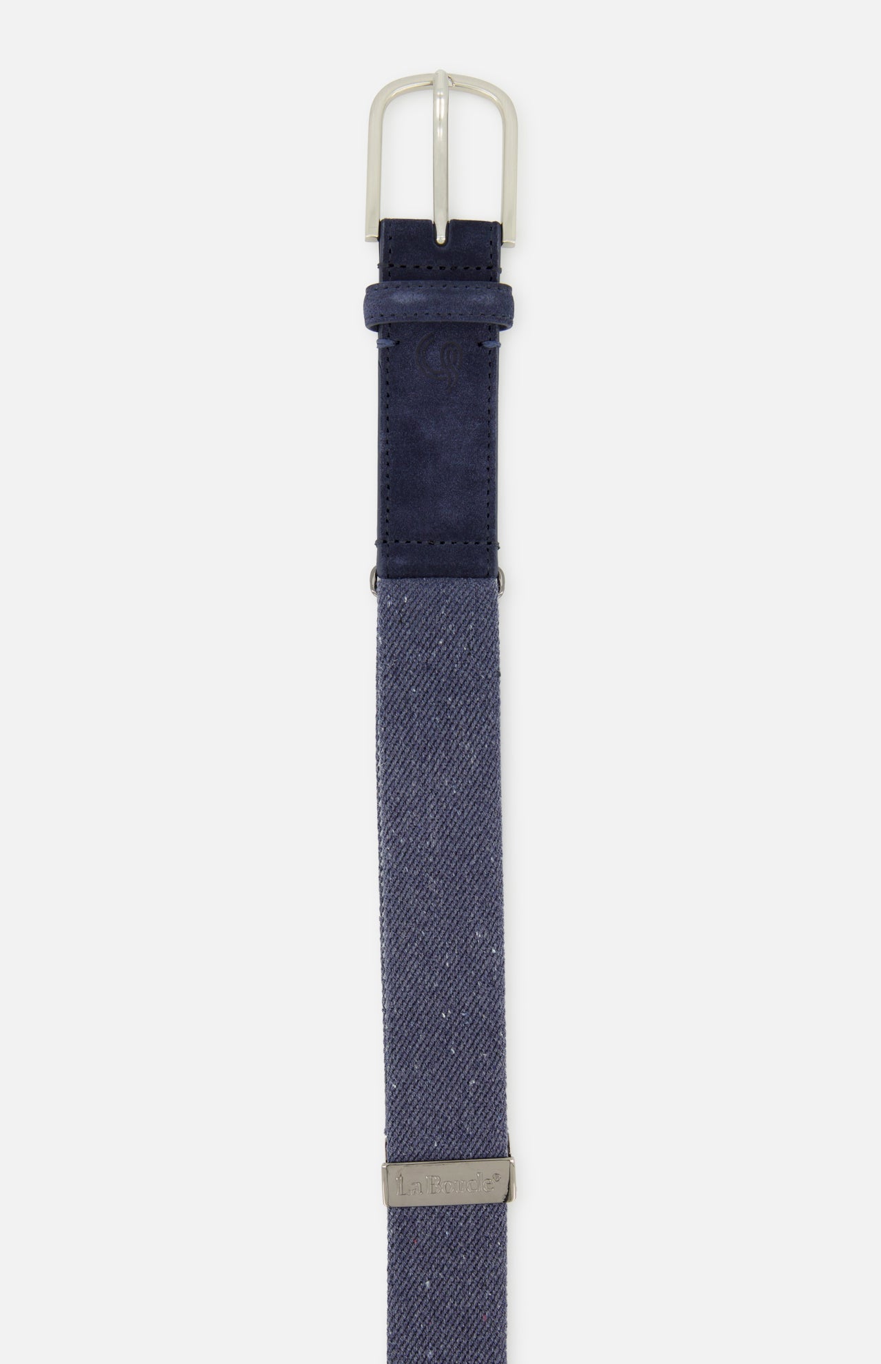 The LA BOUCLE Palm Beach Hybrid Smart Belt features a navy blue stretch design with a silver buckle and metal accent near the tip, displayed against a white background.