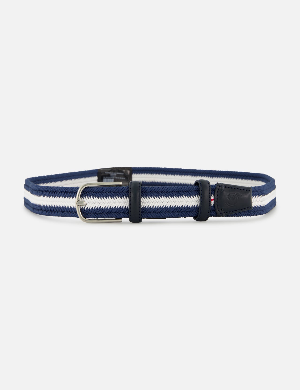 The LA BOUCLE Bristol Chevron Club Belt, featuring blue and white stripes, black leather accents, and a silver buckle, is displayed on a plain light background.