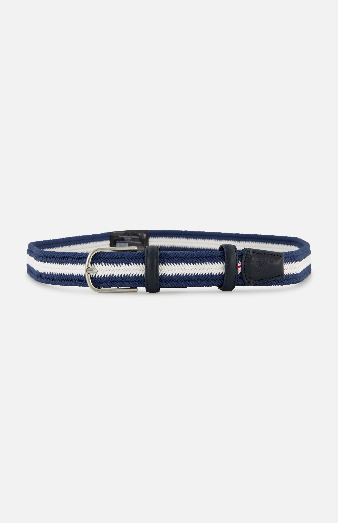 The LA BOUCLE Bristol Chevron Club Belt, featuring blue and white stripes, black leather accents, and a silver buckle, is displayed on a plain light background.