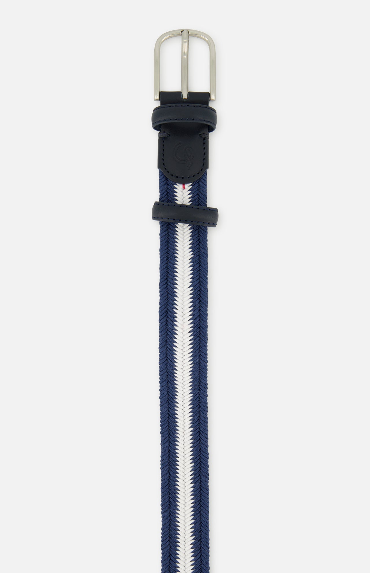 The LA BOUCLE Bristol Chevron Club Belt is a one-size stretch belt with a silver buckle, navy blue edges, a central white stripe bordered by thinner blue stripes, and finished with a leather end and loop. Shown on a white background.