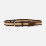 The Canterbury Chevron Club Belt by LA BOUCLE features beige and brown stripes, brown leather accents, and a silver buckle. This woven, one-size-fits-all belt is shown coiled on a white background.