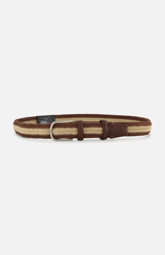 The Canterbury Chevron Club Belt by LA BOUCLE features beige and brown stripes, brown leather accents, and a silver buckle. This woven, one-size-fits-all belt is shown coiled on a white background.