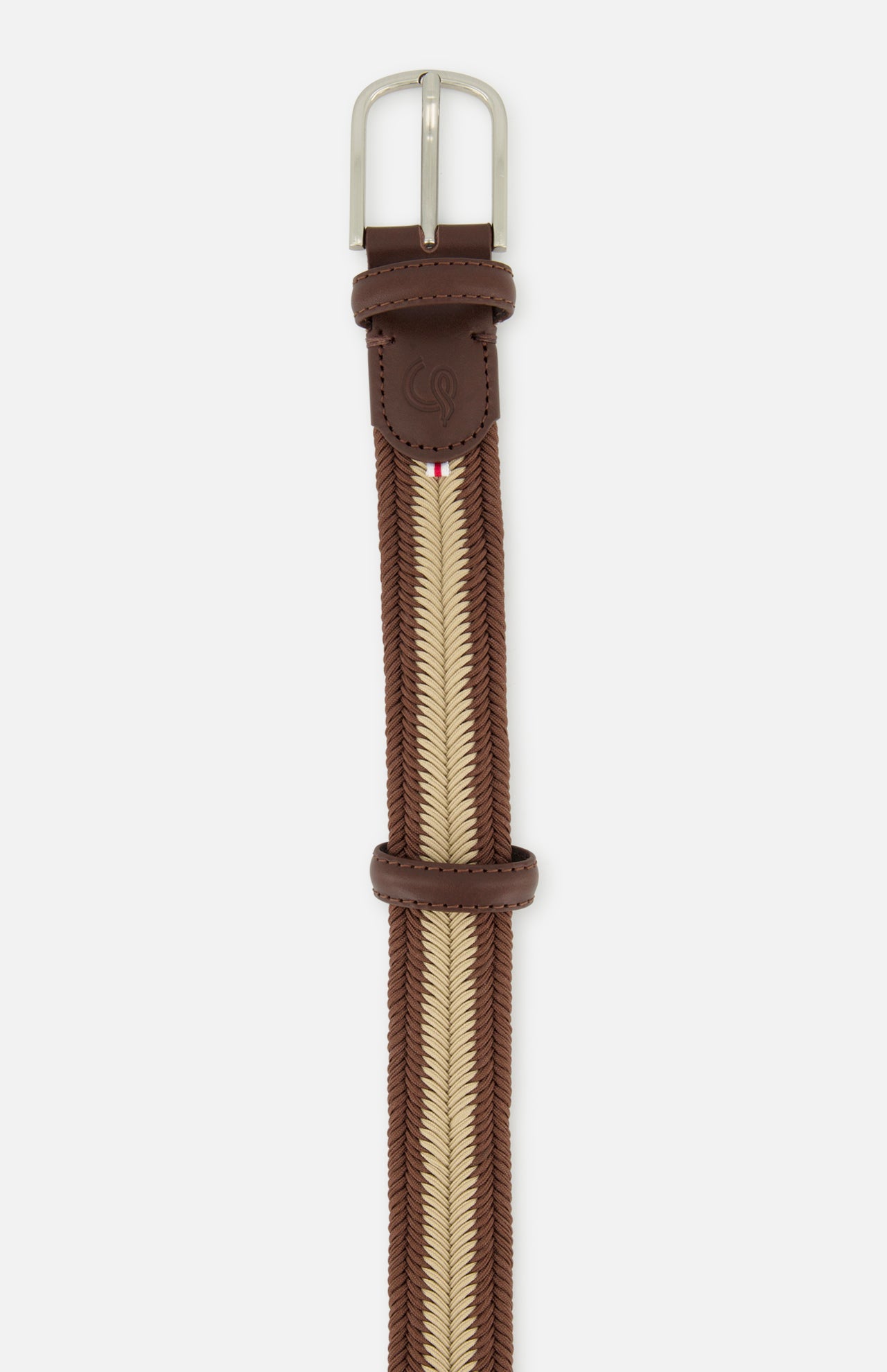 The LA BOUCLE Canterbury Chevron Club Belt is a brown and beige stretch belt with leather accents by the silver buckle and a small stitched logo on the leather.