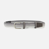 The LA BOUCLE Cassis Chevron Sunset Belt is a light gray woven stretch belt with a silver buckle and gray leather accents, shown on a white background. One size fits all.