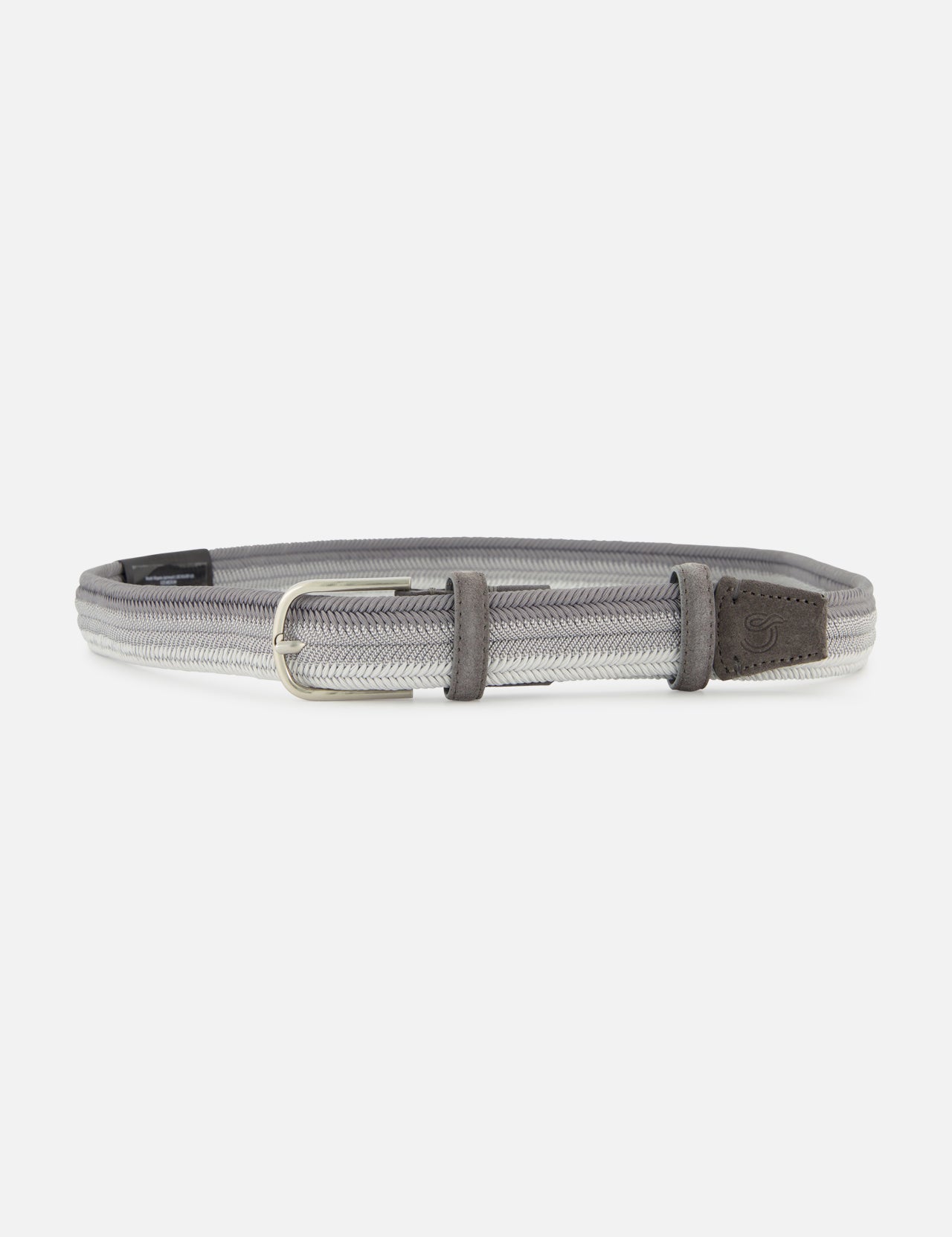 The LA BOUCLE Cassis Chevron Sunset Belt is a light gray woven stretch belt with a silver buckle and gray leather accents, shown on a white background. One size fits all.
