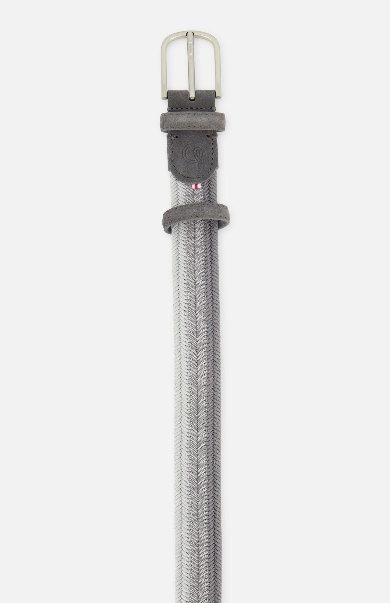 The LA BOUCLE Cassis Chevron Sunset Belt features a light gray stretch design with a woven herringbone pattern, gray leather accents, and a silver buckle. Displayed on white. One size fits all for stylish comfort.