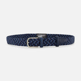 The Manhattan Belt by LA BOUCLE is a blue and black woven stretch belt with a silver buckle and leather accents at the tip and buckle, shown against a plain white background.