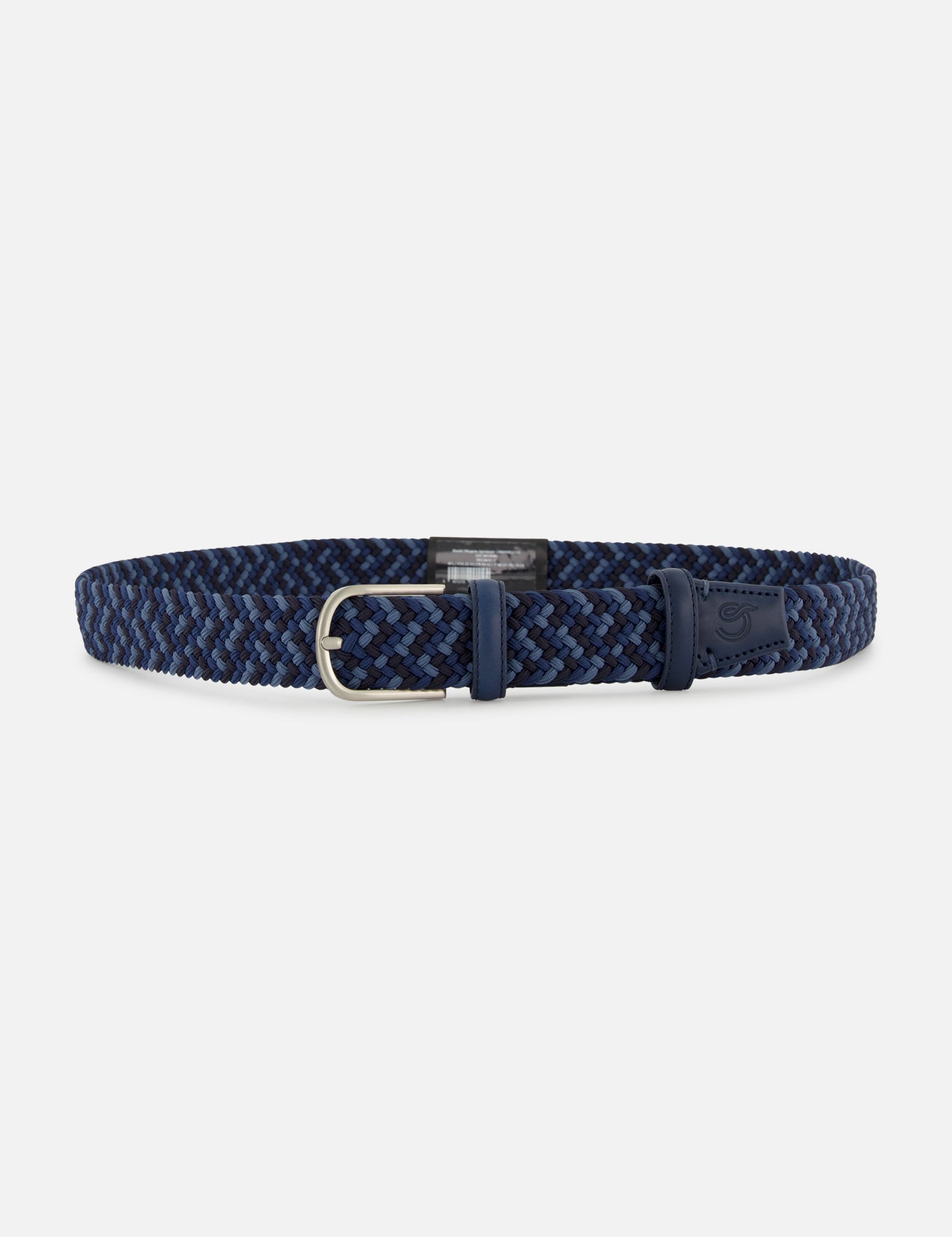 The Manhattan Belt by LA BOUCLE is a blue and black woven stretch belt with a silver buckle and leather accents at the tip and buckle, shown against a plain white background.