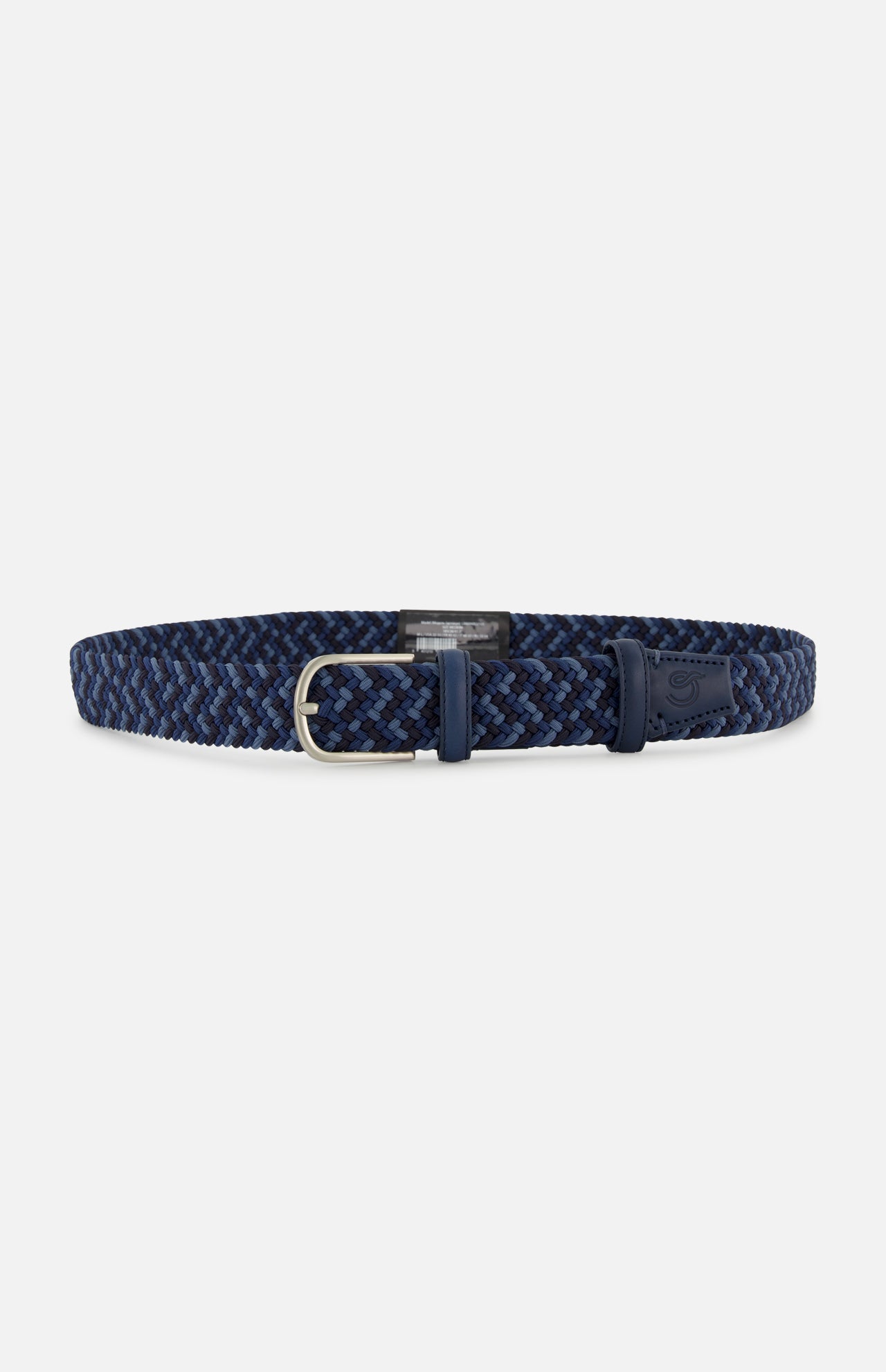 The Manhattan Belt by LA BOUCLE is a blue and black woven stretch belt with a silver buckle and leather accents at the tip and buckle, shown against a plain white background.