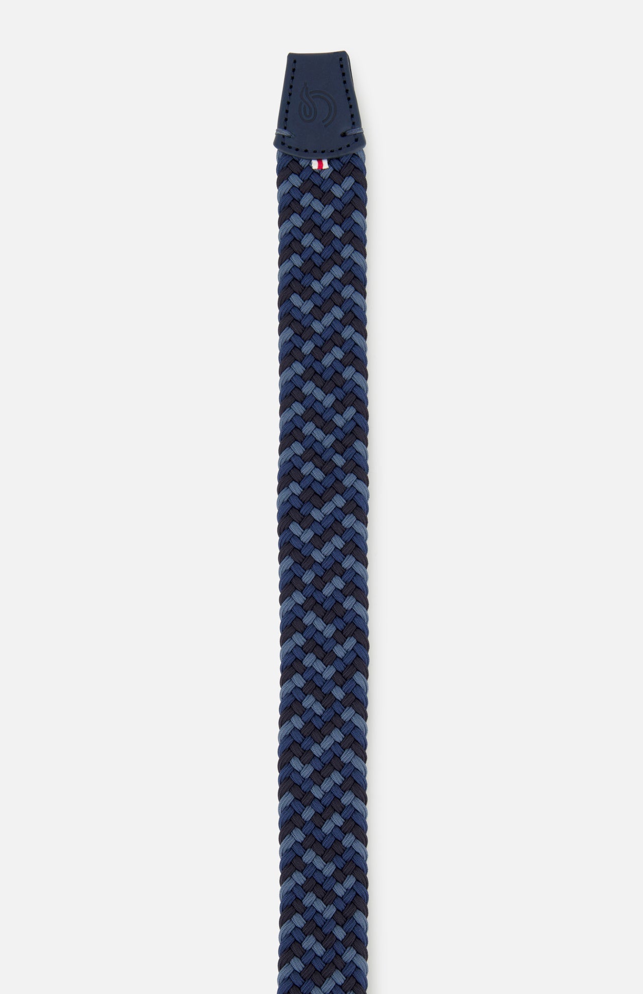 The Manhattan Belt by LA BOUCLE features a woven stretch design in blue tones, chevron pattern, and a dark blue leather tip.