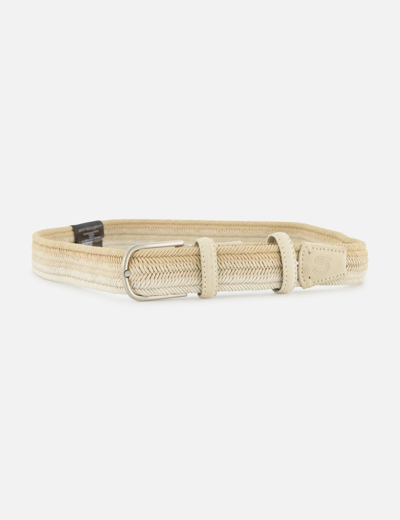 The LA BOUCLE Nice Chevron Sunset Belt features a beige stretch design with a silver rectangular buckle, two loops, and leather accents at the ends, shown on a white background.