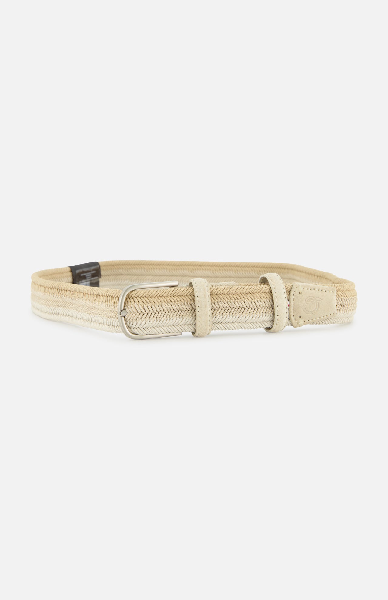 The LA BOUCLE Nice Chevron Sunset Belt features a beige stretch design with a silver rectangular buckle, two loops, and leather accents at the ends, shown on a white background.