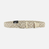 The LA BOUCLE Santa Monica Suede is a beige, tan, and light brown stretch belt with a silver buckle and beige leather accents, displayed flat on a white background.